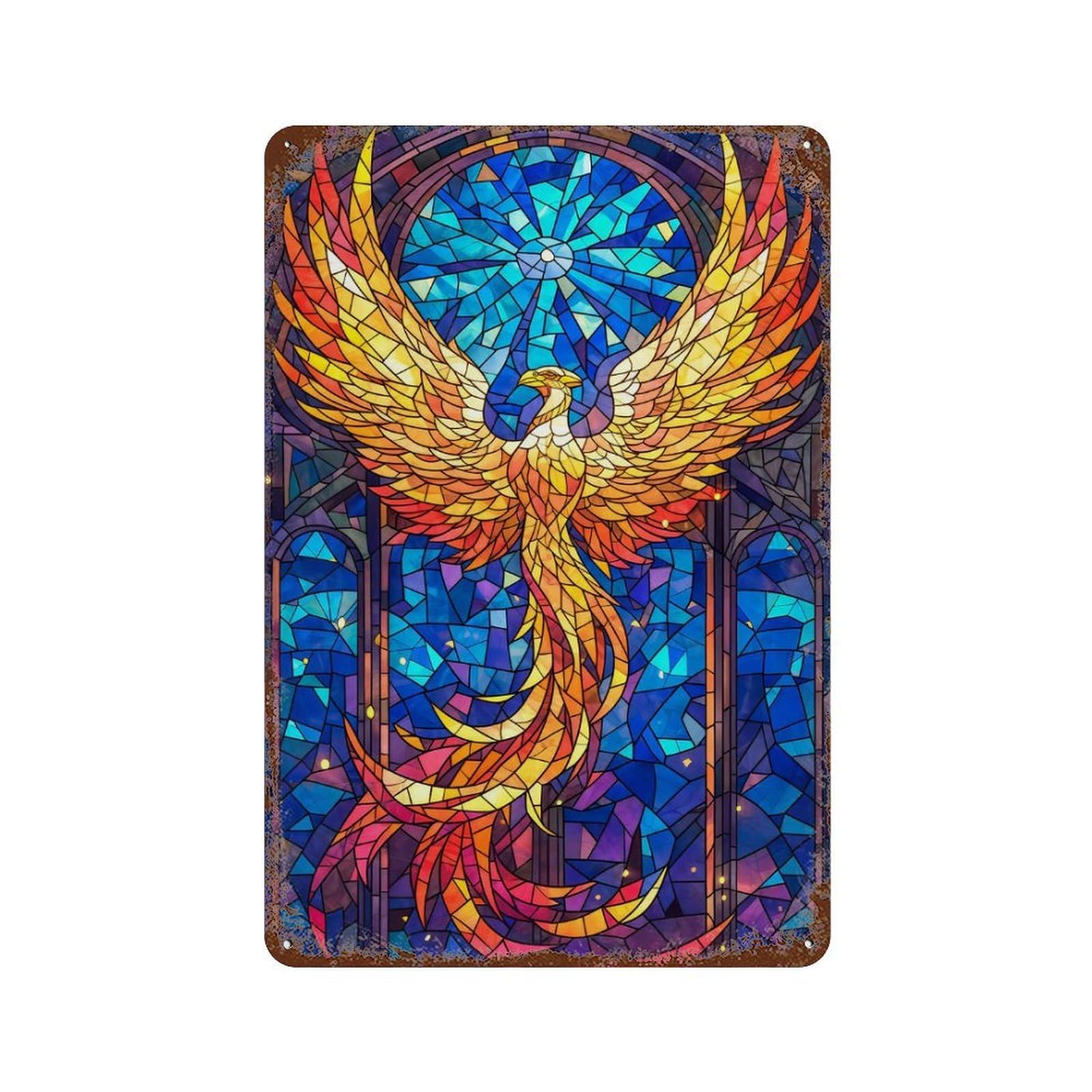 Rusty Metal Tin Sign with Phoenix Stained Glass Design 11.8"x7.9", for Shed, Workshop And Garage Wall Decor, Classic Wall Plaque