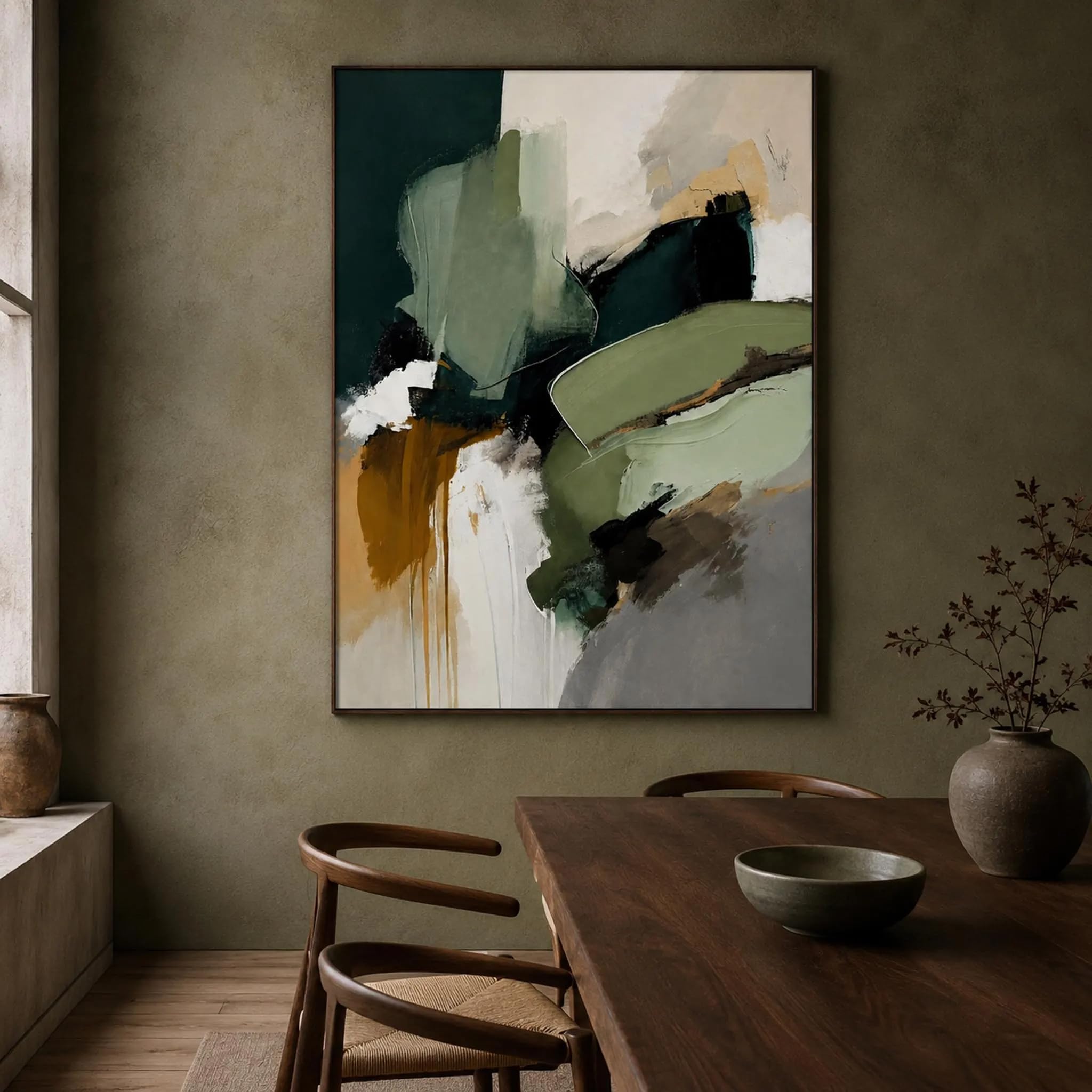 UUDEZO Cuadro decorativo de pared en tonos verdes neutros, lienzo con textura de pintura al óleo abstracta moderna (90x110 cm (35x43 pulgadas)