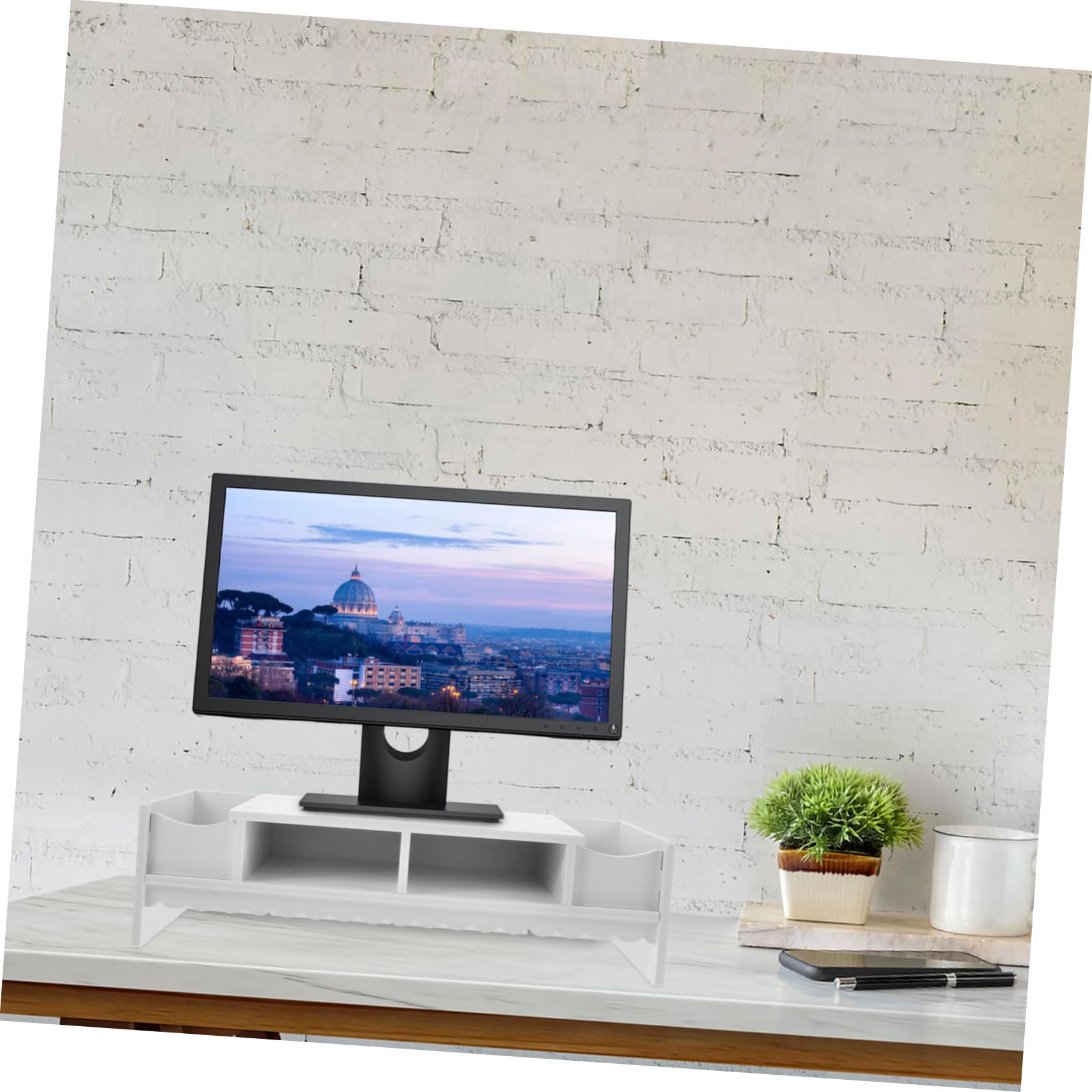 Étagère de Rangement Multifonction Rehausseur Bureau Pvc Blanc pour Écran