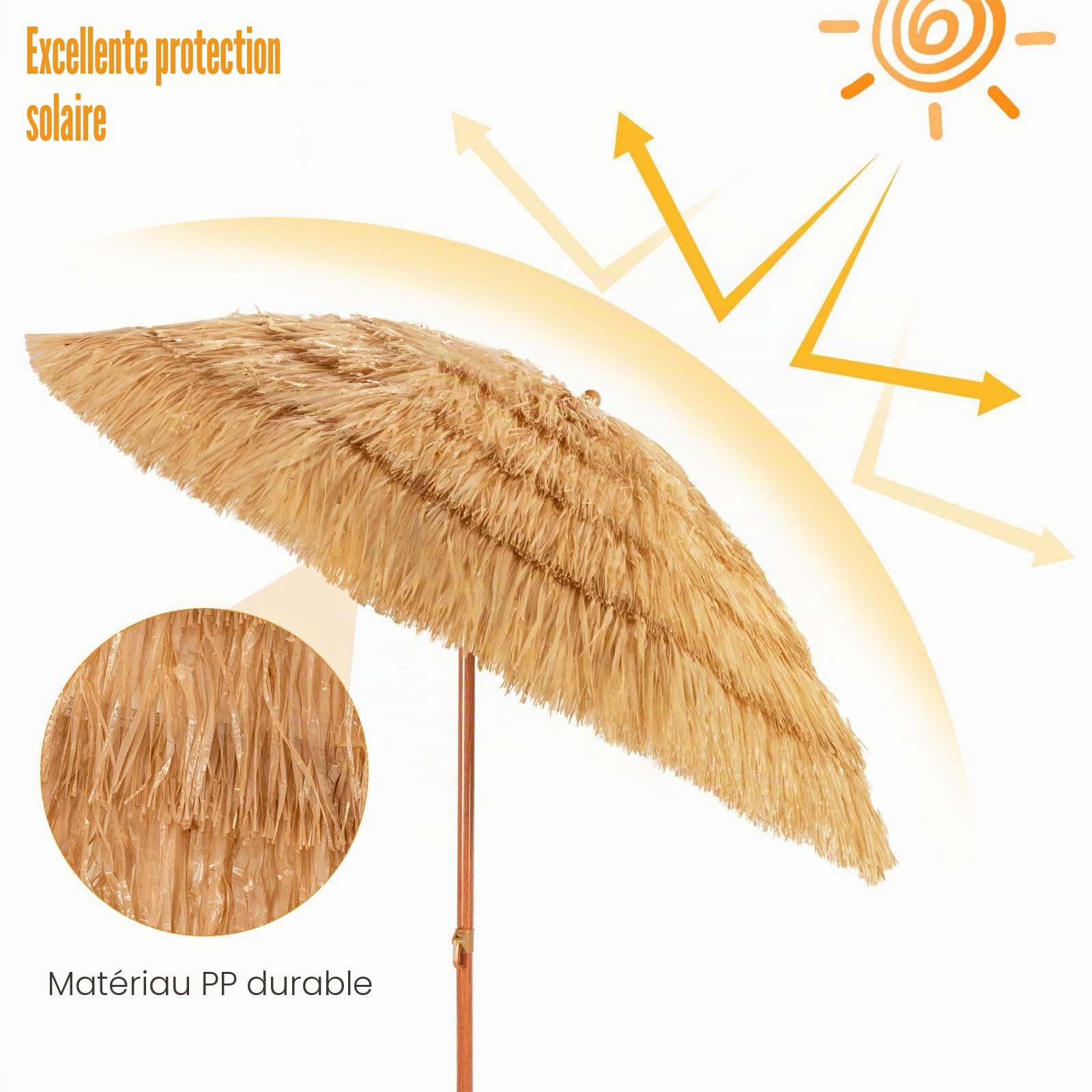 KOMFOTTEU Parasol Paille, Hawaïen, anti UV, φ1.75m x H 2m