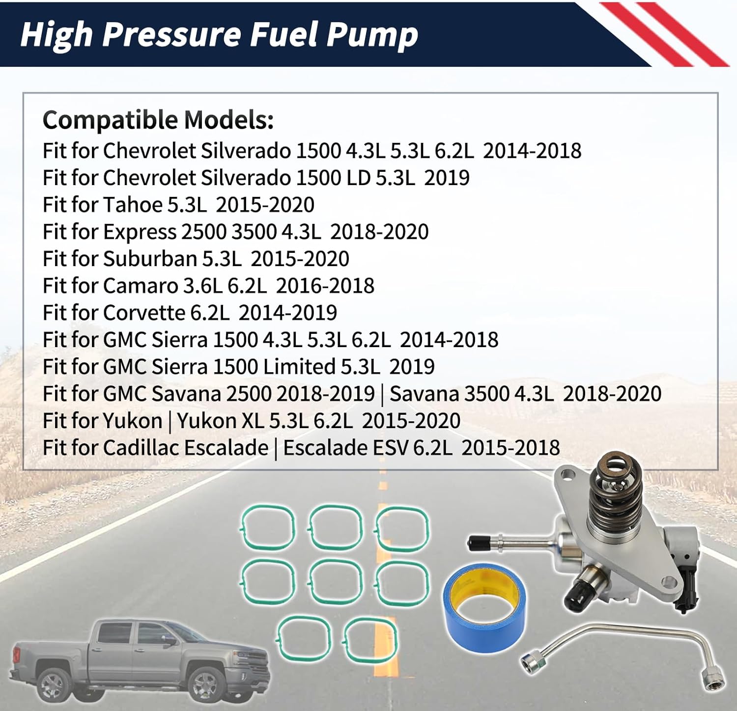 High Pressure Fuel Pump 12697966 Fit for Chevrolet GMC Cadillac Sierra Silverado 1500 Savana Express Tahoe Yukon Suburban Escalade 2014-2020 4.3L 5.3L 6.2L GDI Direct Injection Pump 12744840