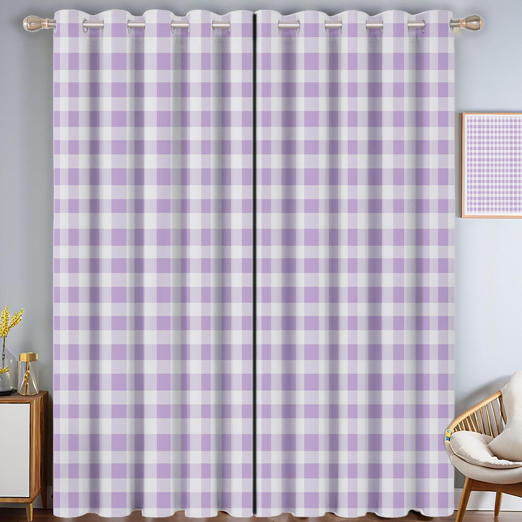 Rideaux thermiques et isolants violets à motif géométrique pour salon