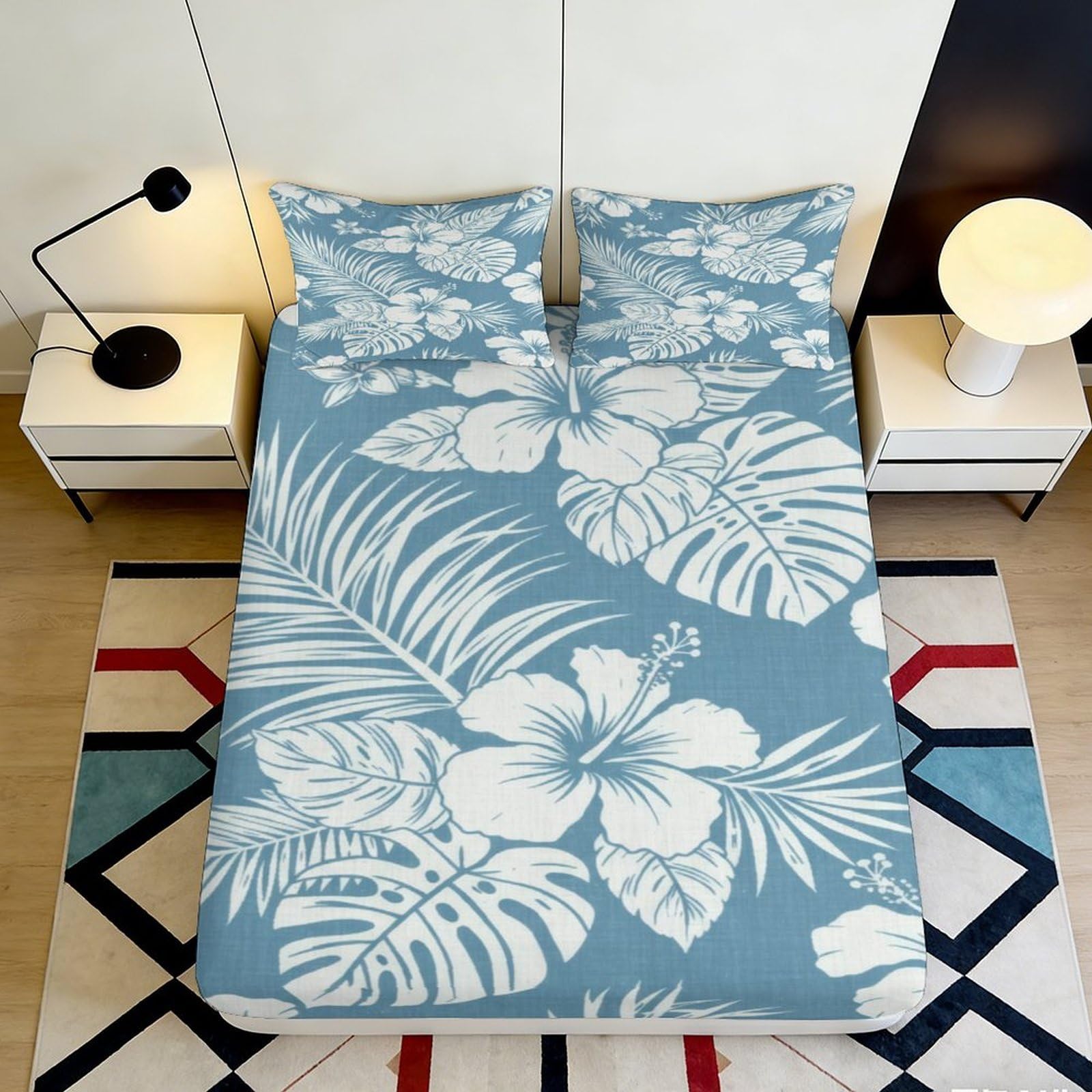 3D Printed Tropical Leaf Fitted Sheet Microfiber Soft Blue Hibiscus Mattress Cover for Bedroom Guest Room Decor 90x200x25cm