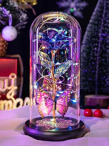 Pusuny Regalos para mujeres, regalos de cumpleaños para mujeres, rosa de cristal de galaxia eterna, flor de cristal iluminada en cúpula de cristal
