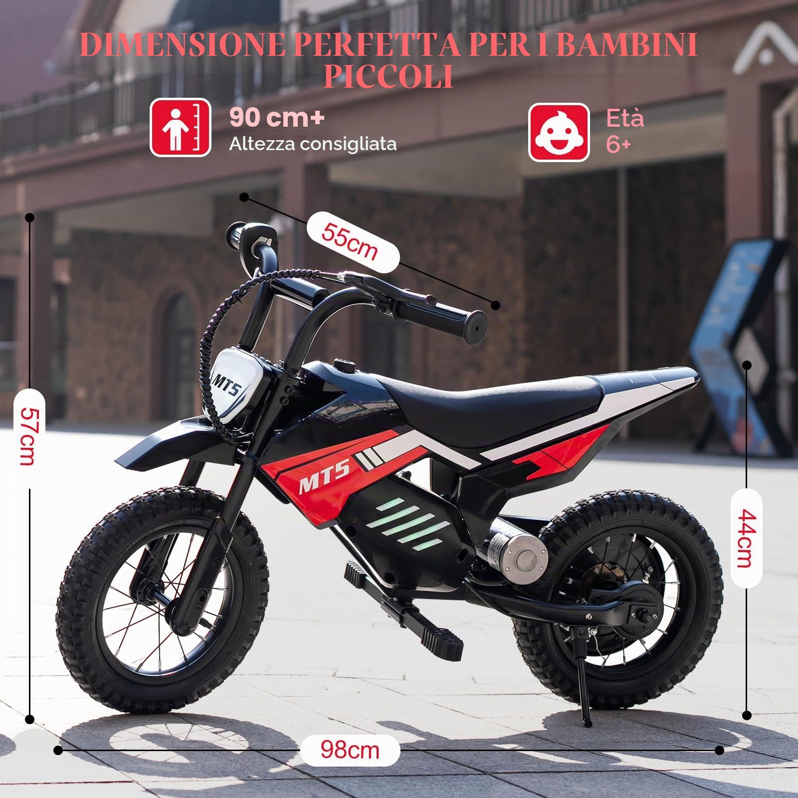 Moto Elettrica per Bambini 150W, 2 Velocità 8/16 km/h, Batteria 5,2Ah, Autonomia fino a 15 km, Pneumatici 12 Pollici, Luci LED, Freno a Tamburo, Carico Max 40 kg