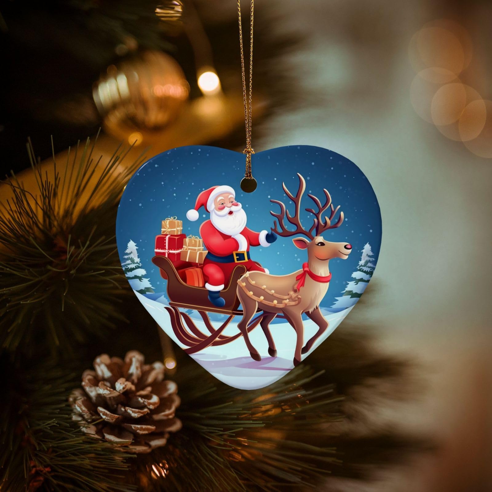 Christmas Tree Ornaments Ceramics Christmas DecorationsSanta Deer Ornaments with Gold Ribbon Porcelain Xmas Tree Crafts Heart Shape Hanging Pendant for Christmas Tree Party Decor