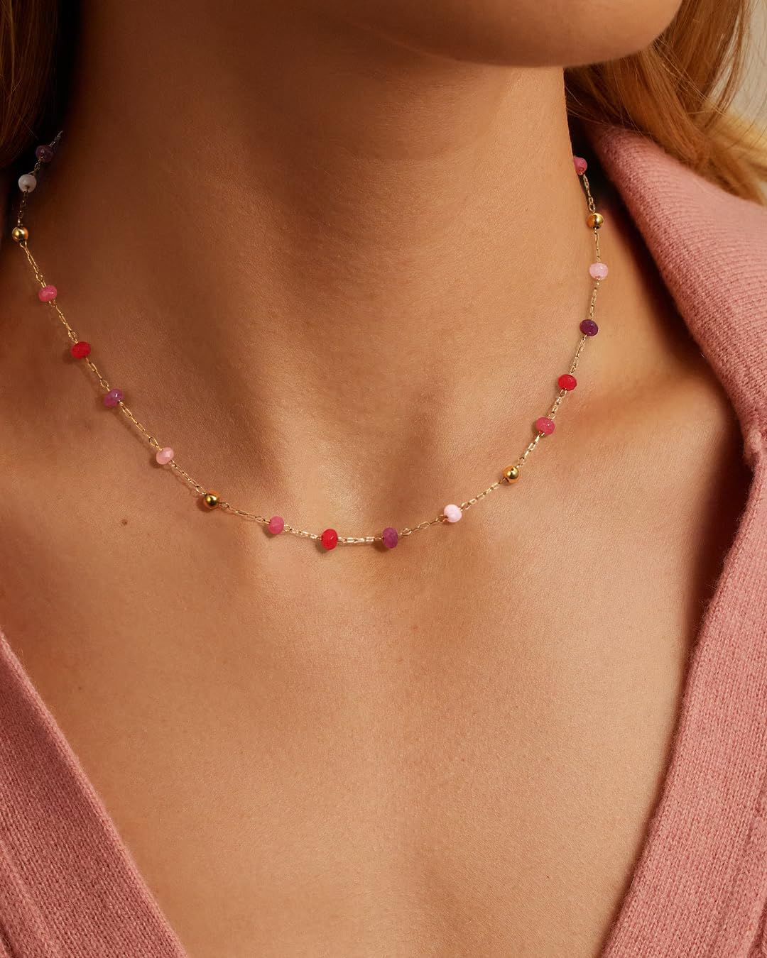 Dainty Beaded Necklaces for Women 14K Gold Plated Colorful Stone Bead/Pearl Choker Necklace Jewelry Gift - Image 2