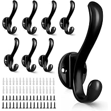 8 Pack Coat Hooks Wall Mount Heavy Duty Utility Retro Double Hooks for Hanging Coats,Hat, Towel, Key, Robe, Scarf, Bag, Cap Black