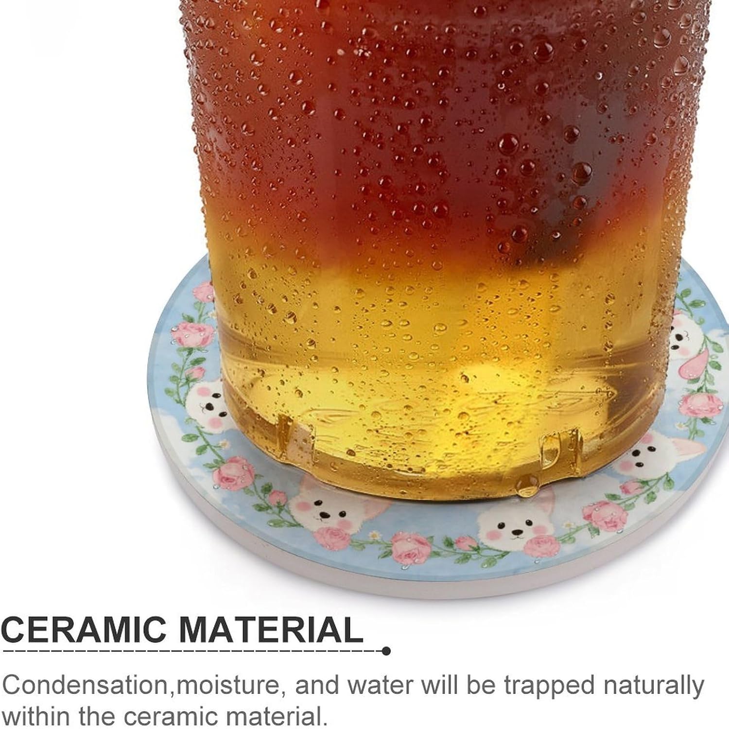 6PCS Corgi Floral Pattern Coasters Non-Slip Round Drink Coasters with Ceramic Stone and Cork Base, Heat Resistant Absorbent 33.00Stone Coaster Set for Kinds of Mugs and Cups, 4 Inch