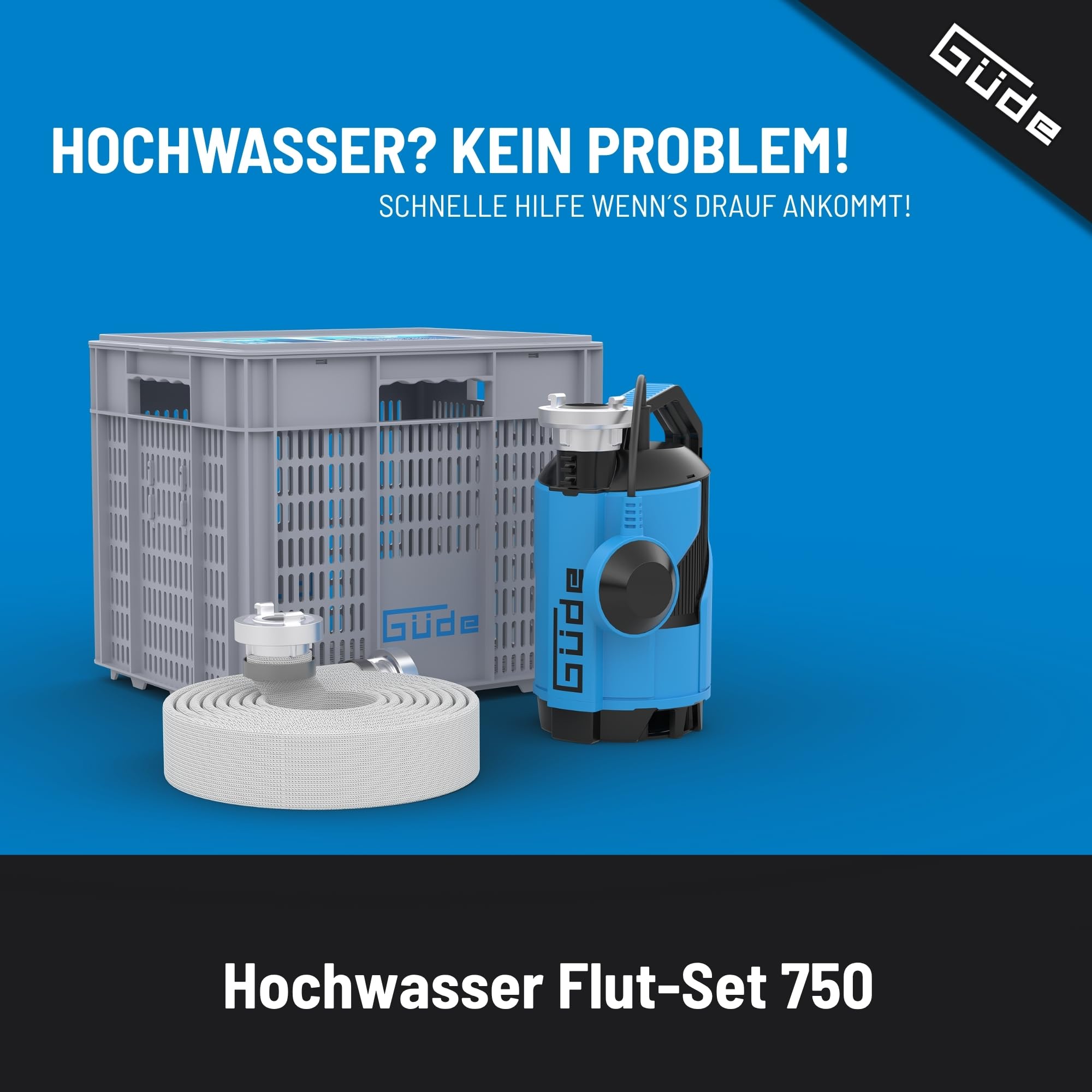 Güde Hochwasser Flut-Set 750-230 Volt, 750 Watt, 12000 Liter pro Stunde maximale Fördermenge, 8 Meter maximale Förderhöhe, 7 Meter maximale Eintauchtiefe, inkl. 10 Meter Druckschlauch, Transportbox