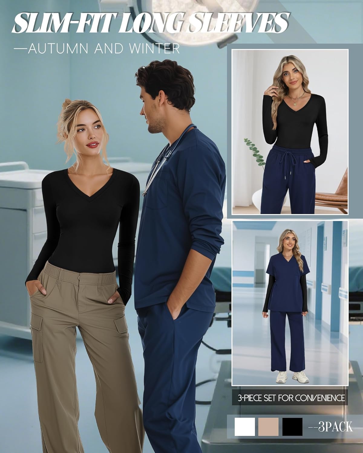 Neer 3 Pack Women Long Sleeve Underscrubs Shirt V Neck Slim Fitted Scrub Undershirts Comfort Nurse Fall Layering Tees Tops - Image 4