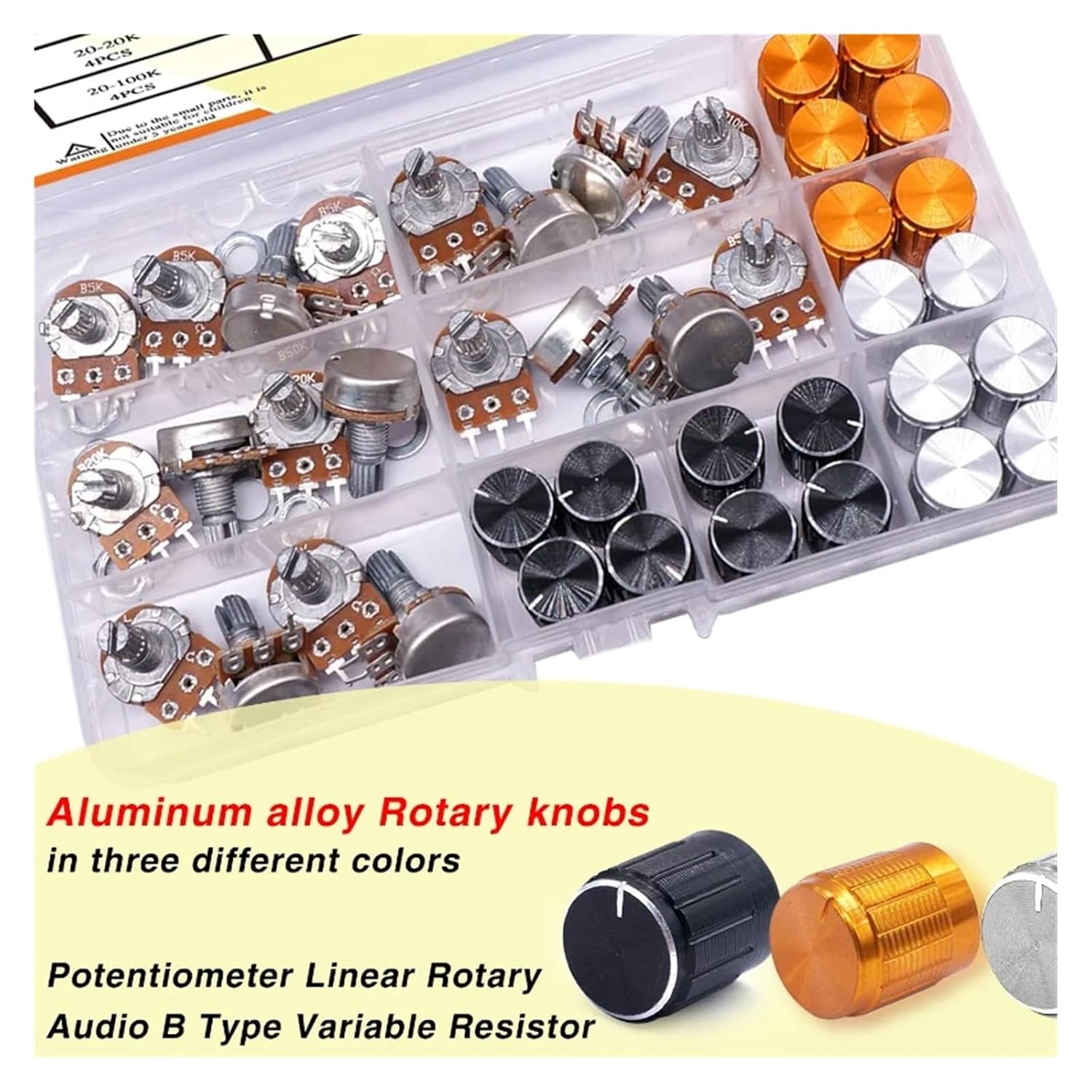 40pcs WH148 Potentiometer Kit 5K 10K 20K 50K 100K 15mm Linear Tapered Rotary Potentiometer 3 Pin with Rotating Knob and Nut, Washer