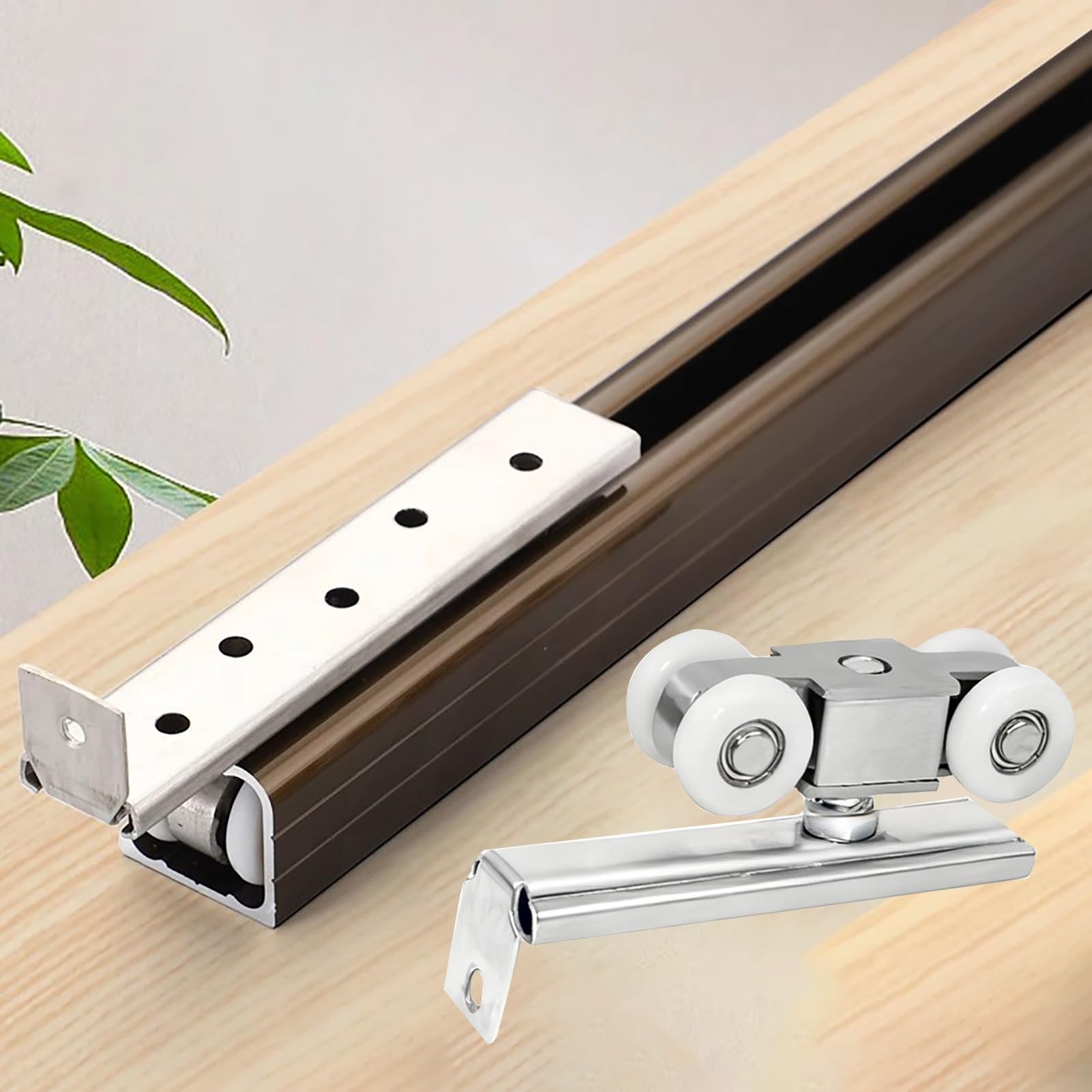 Guia Puerta Corredera Herrajes de Repuesto para Rieles de Puertas Corredizas de Armario, Herrajes de Aluminio para Puertas de Granero con Juego de Rodillos, Rieles Recortables(6.9ft/210cm)