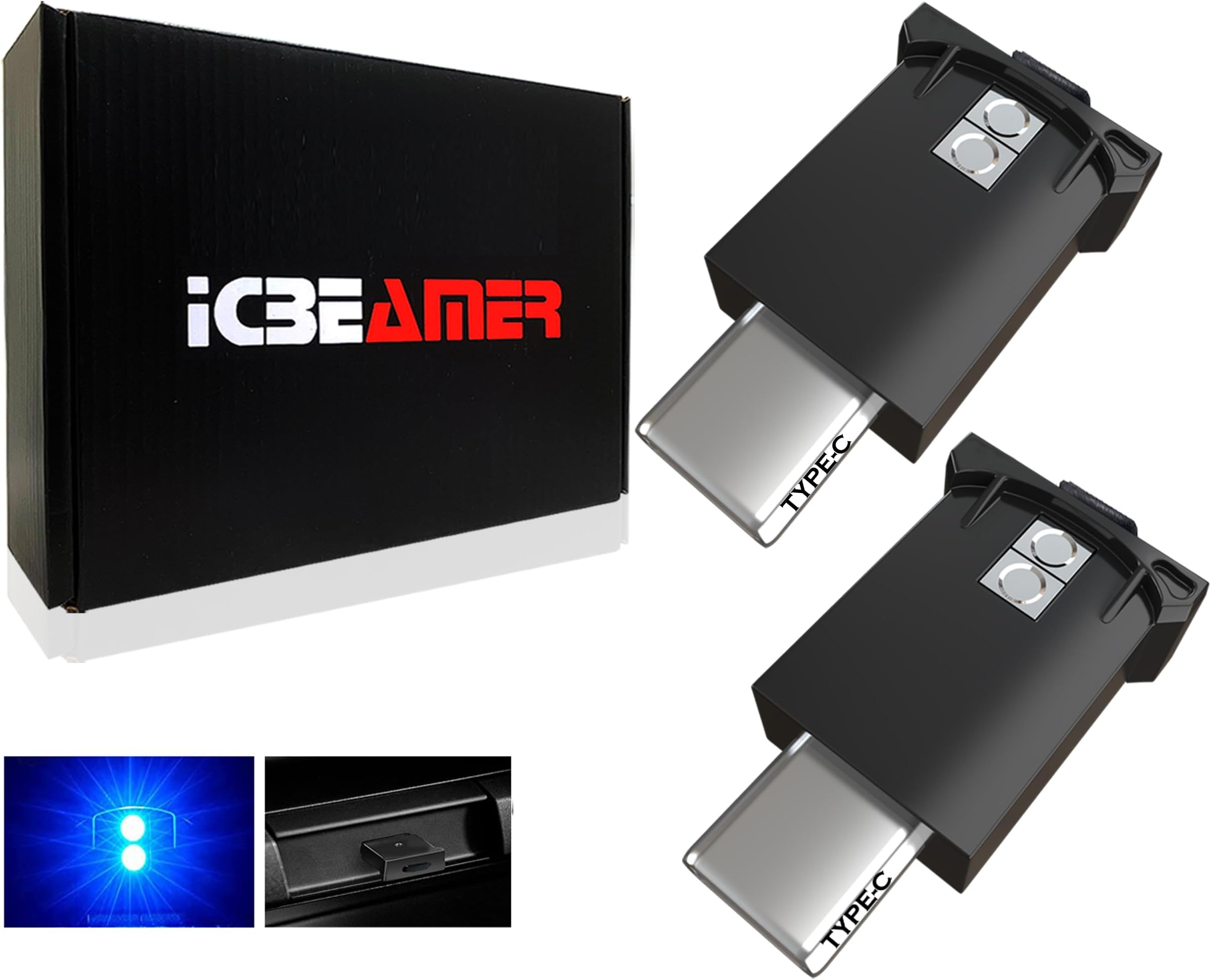 ICBEAMER Type C Adapters USB Ambient Light 2-Pack (Blue) | Smart Interface, Miniature LED Night Lights for Car Interior, Trunk, Van, Pickup, Easy Plug-in, Enhance Automotive Atmosphere
