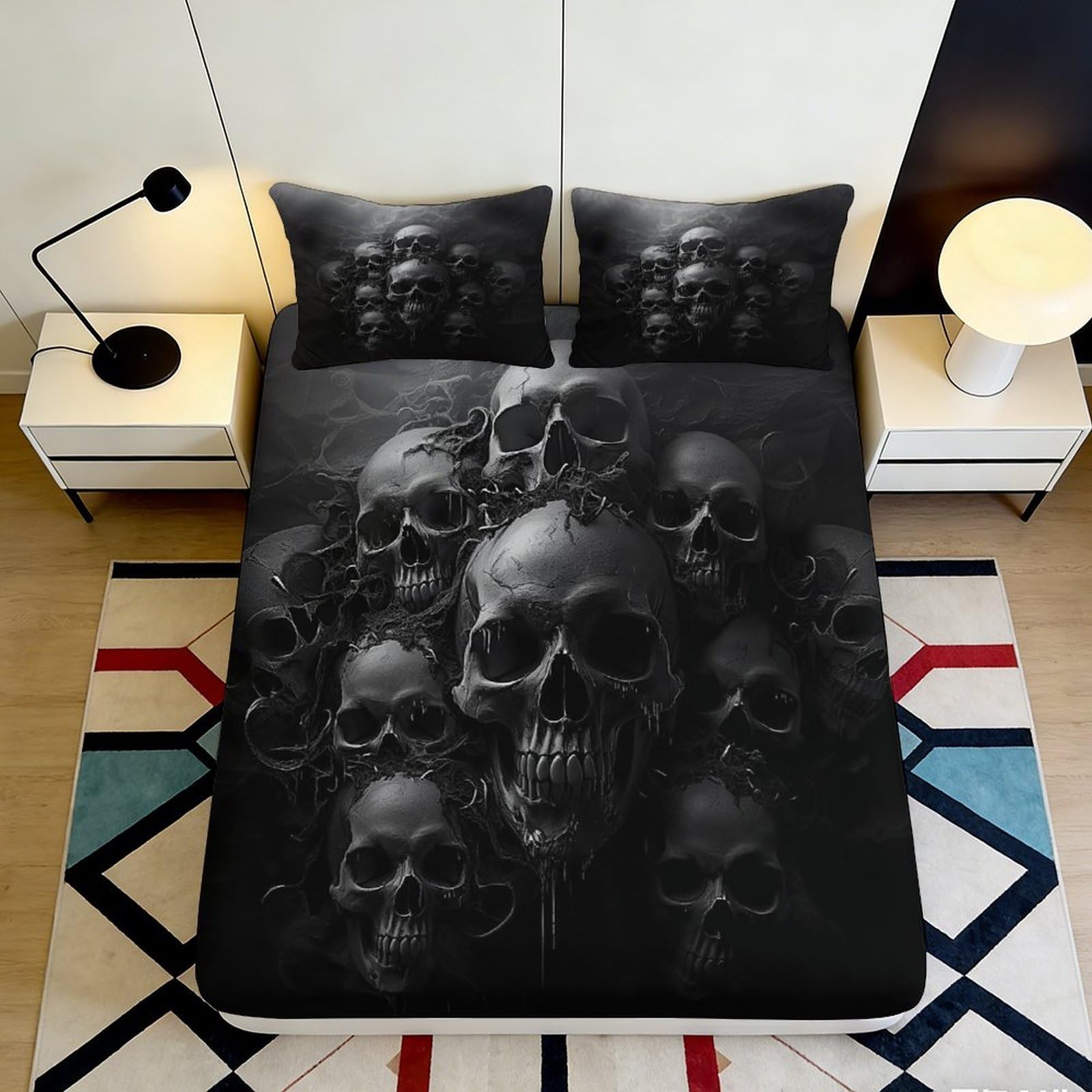 3D Printed Black Skull Fitted Sheet Microfiber Soft Washable Gothic Skeleton Mattress Cover for Bedroom Dorm Decor 90x200x25cm