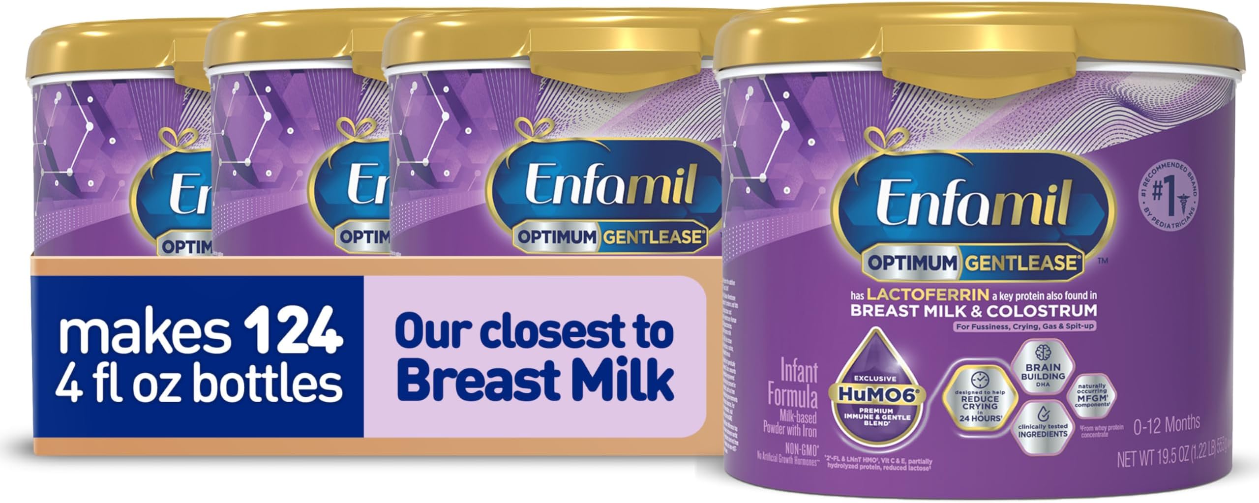 Optimum Gentlease Baby Formula, Our Closest Formula to Breast Milk For Fussiness, Crying, Gas & Spit-up, Immune-Supporting Lactoferrin also found in Breast Milk, 19.5 Oz, Pack of 4