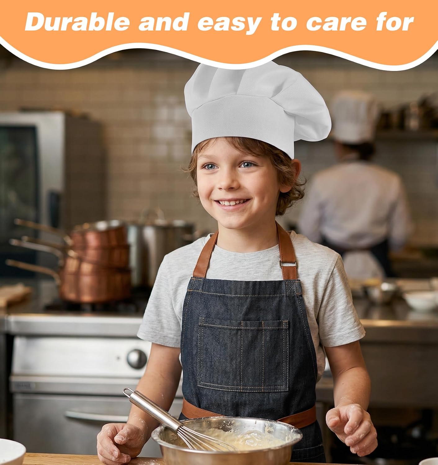 2 Pack Kids Chef Hat, Adjustable Elastic Chef Hats for Kids, Polyester Cotton Cooking Cap for Children, 19.29×21.65 inches, Suitable for Baking, Cooking Parties & Art Classes(White)