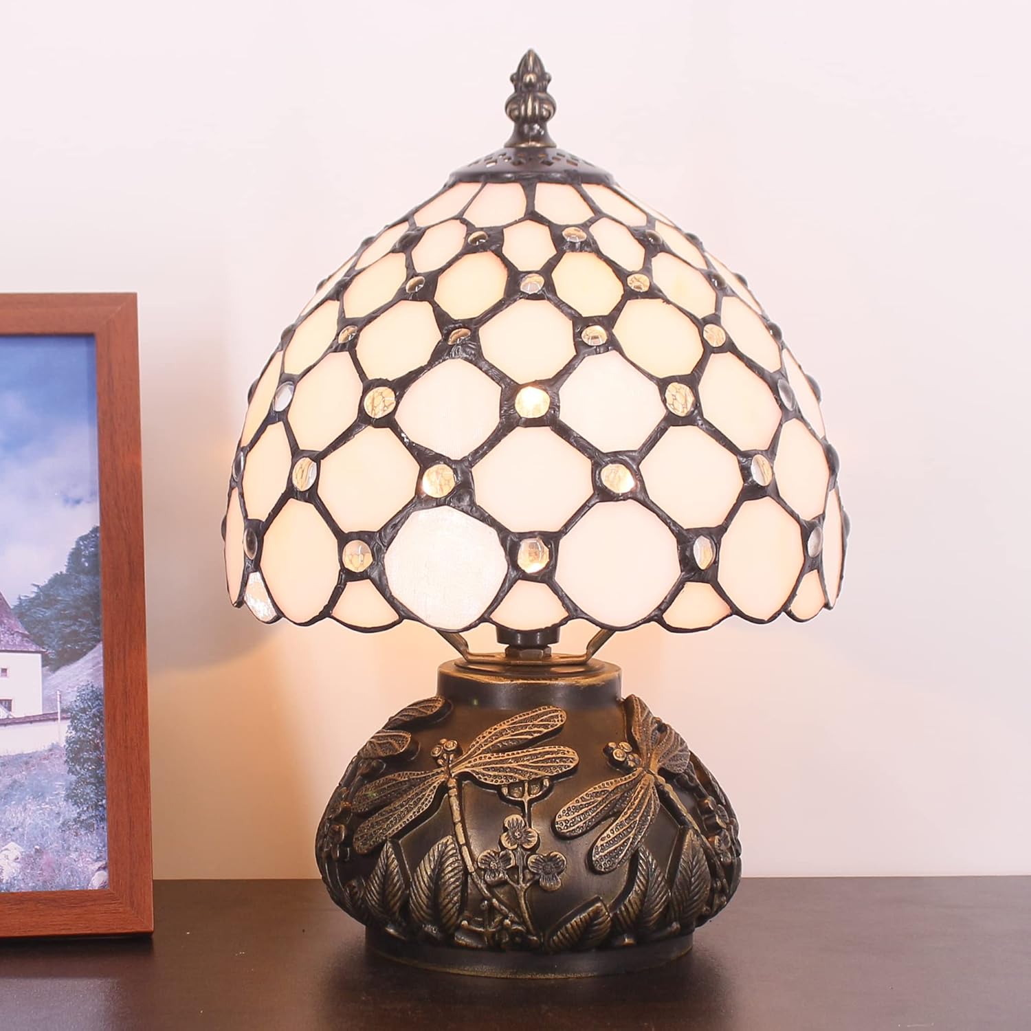 Small Tiffany Lamp Mini Stained Glass Table Lamp Cream Pearl Beads Style Mushroom Desk Light Memory Sympathy Lamp 8X11 Inch