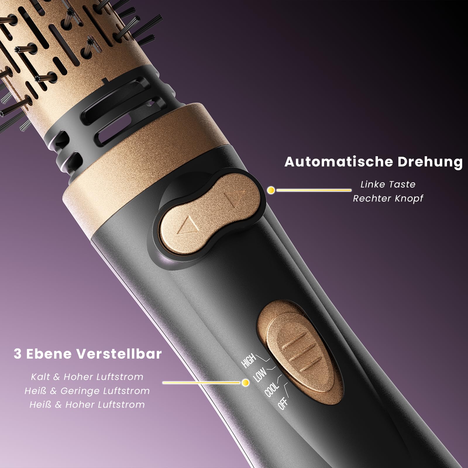 Rotierende Warmluftbürste, 3-in-1 Rundbürstenföhn mit 2 Bürsten (1,5"&2") zum Trocknen Styling Voluminierende Curling Schlafen in einem Schritt, 3 Temperaturen, Negativ-Ionische