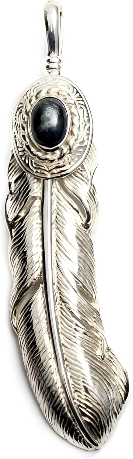 COSUMOSU 925 Sterling Silver Sapphire Native American style Feather Pendant – 2.48 Inch Long