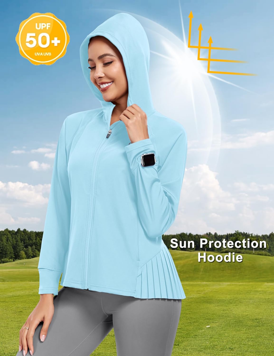 Little Donkey Andy Women's Golf Hoodie Jacket with Pleated Tennis Skirt Hem Full Zip Sun Protection Running Athletic Jackets - Image 3