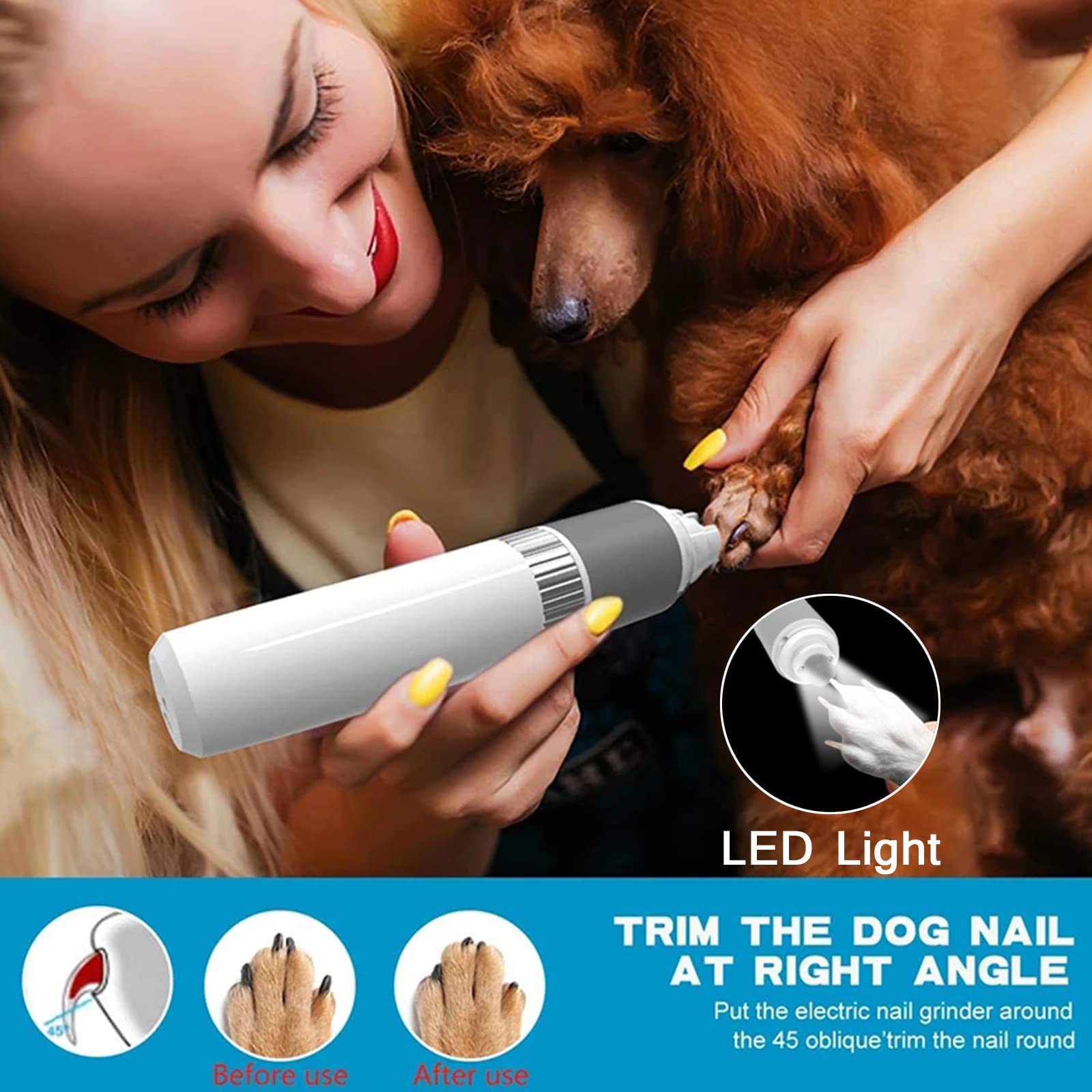Cortauñas para Perros Y Gatos con Luces LED,Lima De Uñas Eléctrica para Perro, Silenciosa Cortauñas Perro,Profesional USB Recargable,Tijeras De Uñas para Perros para Recortar Y Alisar