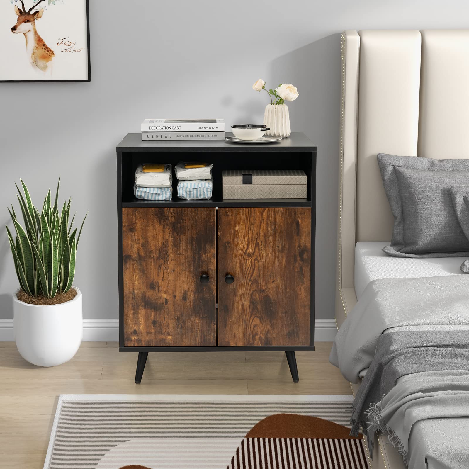 COSTWAY Mobile per Lettiera per Gatti, Casetta per Gatti con Ingresso, Gambe Inclinate e Scomparto Aperto, Tavolino in Legno Versatile per Salotto, 60 x 45 x 75 cm, Marrone e Nero