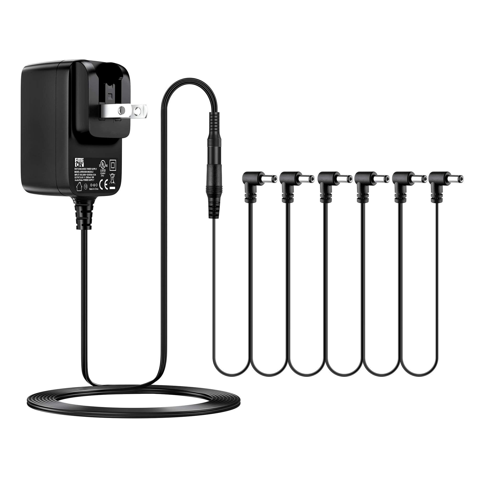 FITE ON 9V Guitar Effects Pedal Power Supply with 6 Way Daisy Cord for Guitar Effects Pedal,Loop Station,Multi-Effects,Boss Zoom Dunlop Ditto Electro Harmonix UL Listed