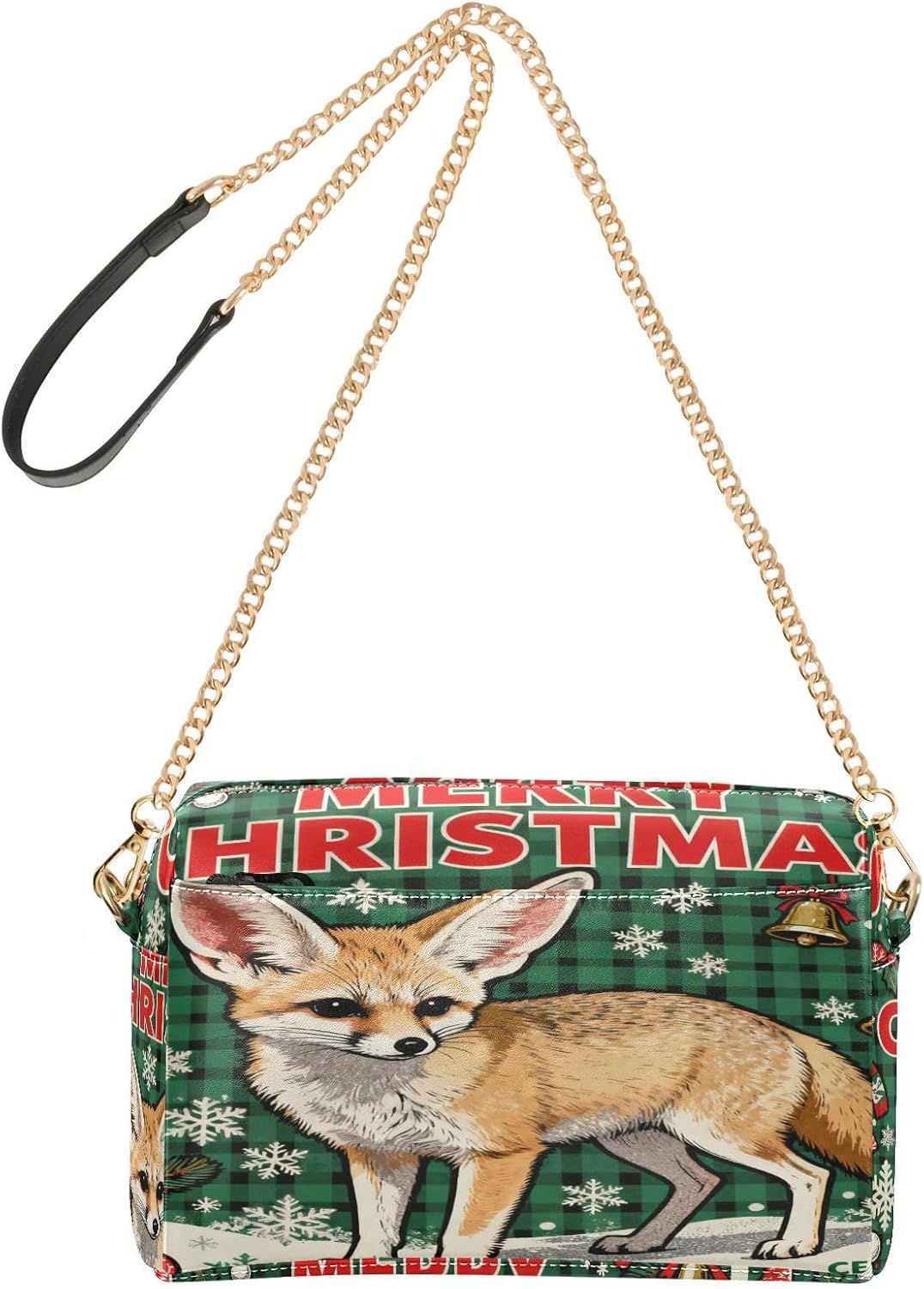Small Crossbody Bag Women Vegan Leather Fox Merry Christmas Green Plaid Womens Cross Body Purse Bags Zip Shoulder Hand Bags