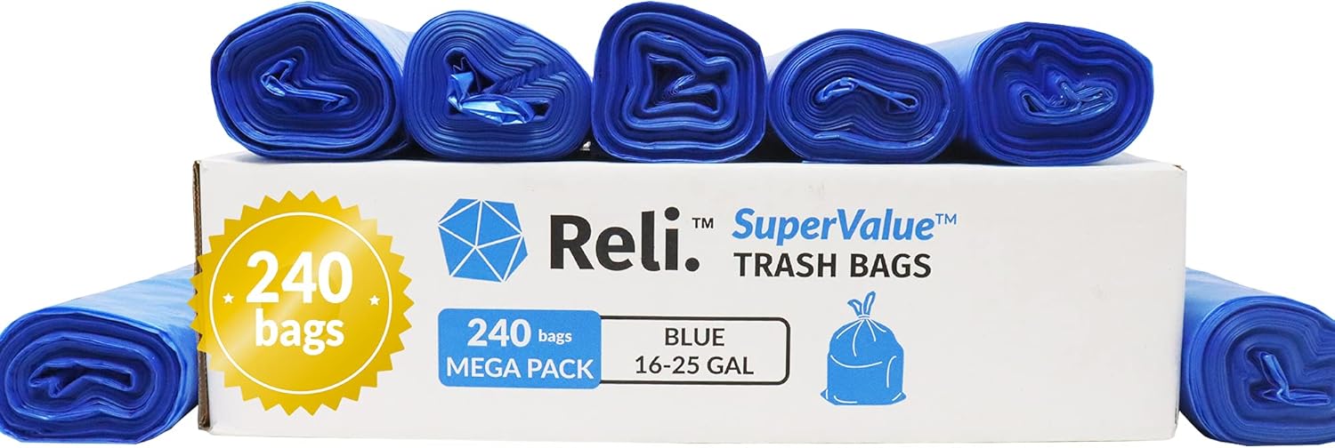 Reli. SuperValue 16-25 Gallon Recycling Bags | 240 Count Bulk | Blue Trash Bags | Commercial Can Liners