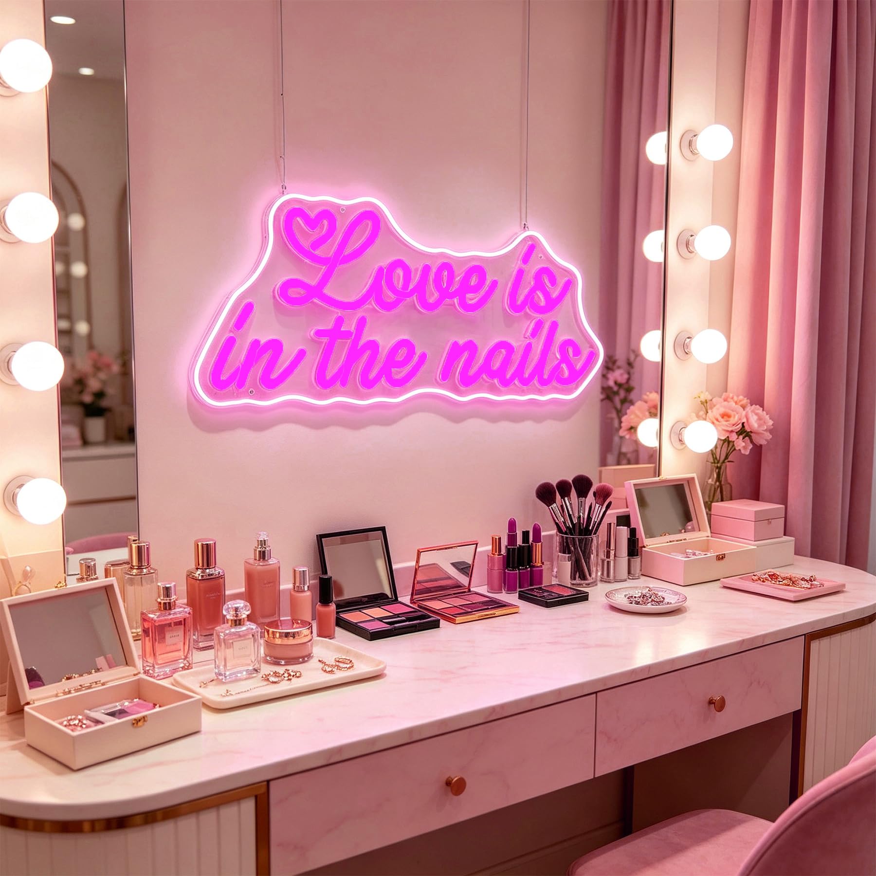 Panneau néon LED rose Love is in the Nails pour décoration de salon de manucure et salle de beauté, alimentation USB 5 V, intensité variable, cadeau de mariage/anniversaire/Noël pour filles (18,5 x