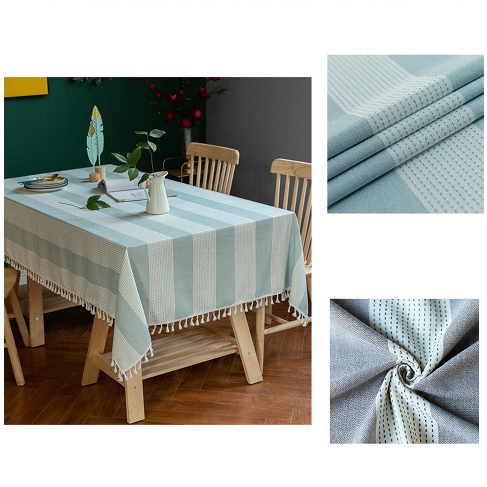 Mantel elegante rectangular de poliéster, manteles de restaurante lavables a rayas con borlas, para cocina, restaurante, Navidad, color verde azulado, 140 x 300 cm