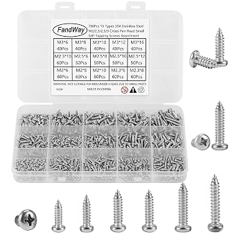 760Pcs Small Self Tapping Screws 304 Stainless Steel,M2 M2.3 M2.6 M3 Tiny Wood Screws Kit,Round Head Self Drilling Screw,Pan Head Sheet Metal Screw Phillips/Cross Drive for DIY WoodWork Repairs.