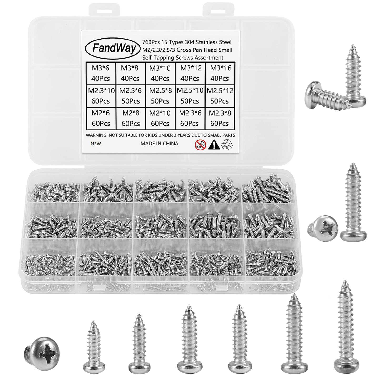 760Pcs Small Self Tapping Screws 304 Stainless Steel,M2 M2.3 M2.6 M3 Tiny Wood Screws Kit,Round Head Self Drilling Screw,Pan Head Sheet Metal Screw Phillips/Cross Drive for DIY WoodWork Repairs. — image 1