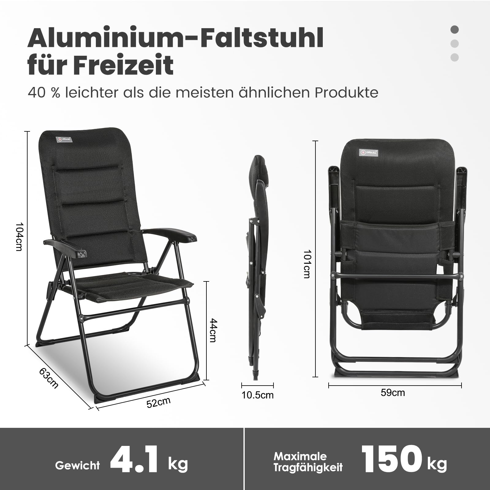 Homecall 2 er Set Campingstuhl Faltbar Gartenstuhl Klappbar Hochlehner Belastbar 150 KG - Balkonstuhl Angelstuhl Terrassenstühle, 5-Fach Verstellbare Rückenlehne mit Armlehne für Camp, Garten, Balkon