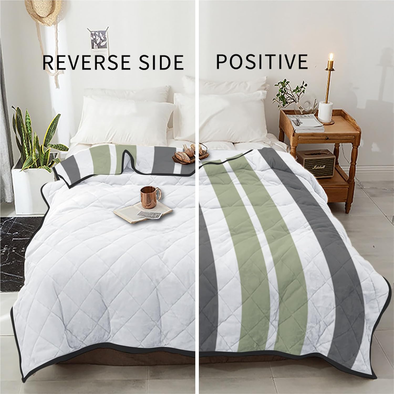 T&H XHome Quilt Oversized King Luxury Quilted Comforter Bedspread-Thin Soft Cozy, Sage Green and Grey Striped Rectangular Geometric Reversible Stitched Lightweight Quilt Coverlet for All Season