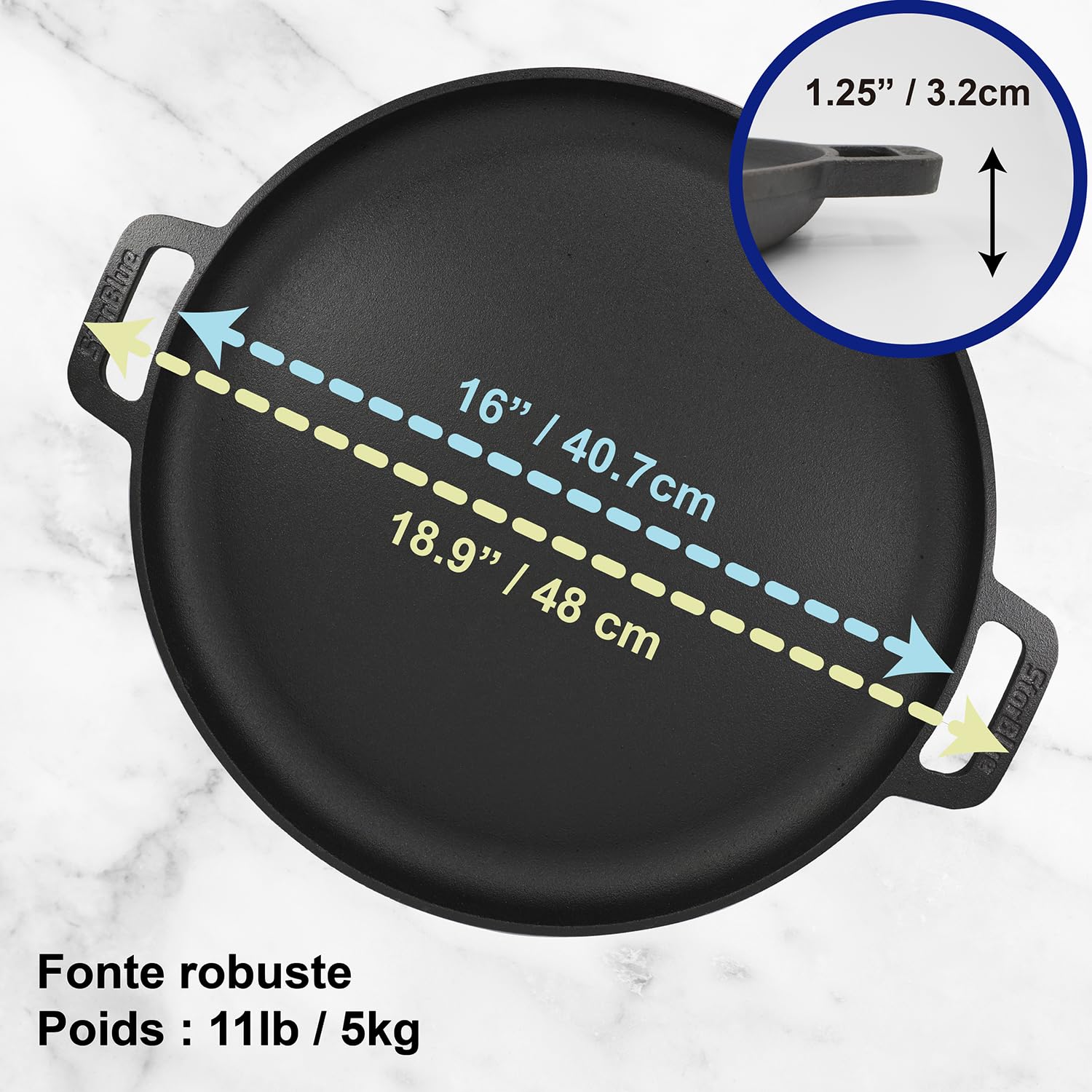 StarBlue Poêle à pizza ronde en fonte de 40,6 cm avec poignées en silicone et livre électronique de 30 recettes – Comal pré-assaisonné, essentiel de cuisine pour les amateurs de pizza, pâtisserie,