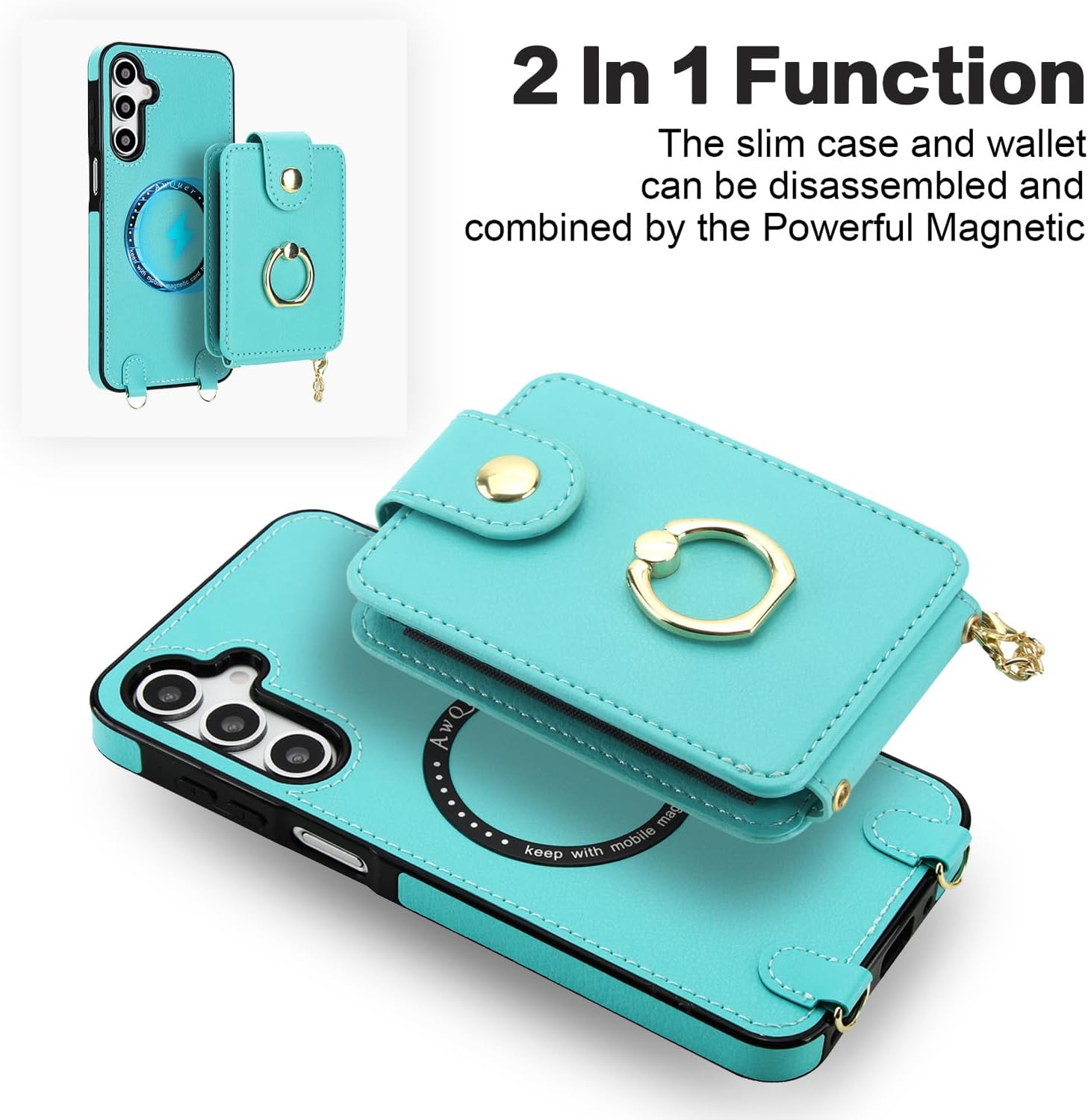 Phone Case for Samsung Galaxy A16 5G/4G Magnetic Wallet Cover and Screen Protector Ring Kickstand Crossbody Lanyard Strap Compatible with MagSafe RFID Blocking A 16 16A SM-A166U for Women Teal