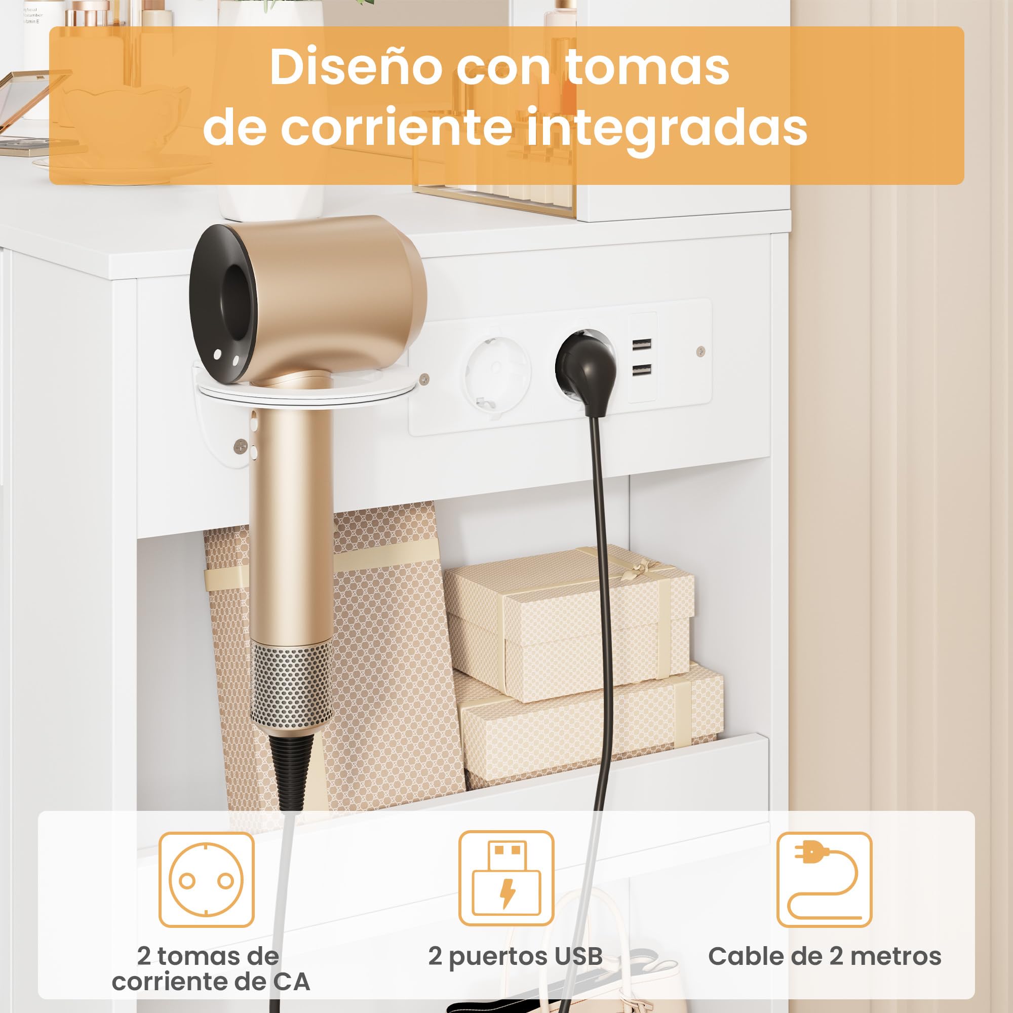 Tocador con Espejo y 10 Luces LED, 3 Estantes, 4 Compartimentos, 5 Cajones, 3 Luces Ajustables, Blanco