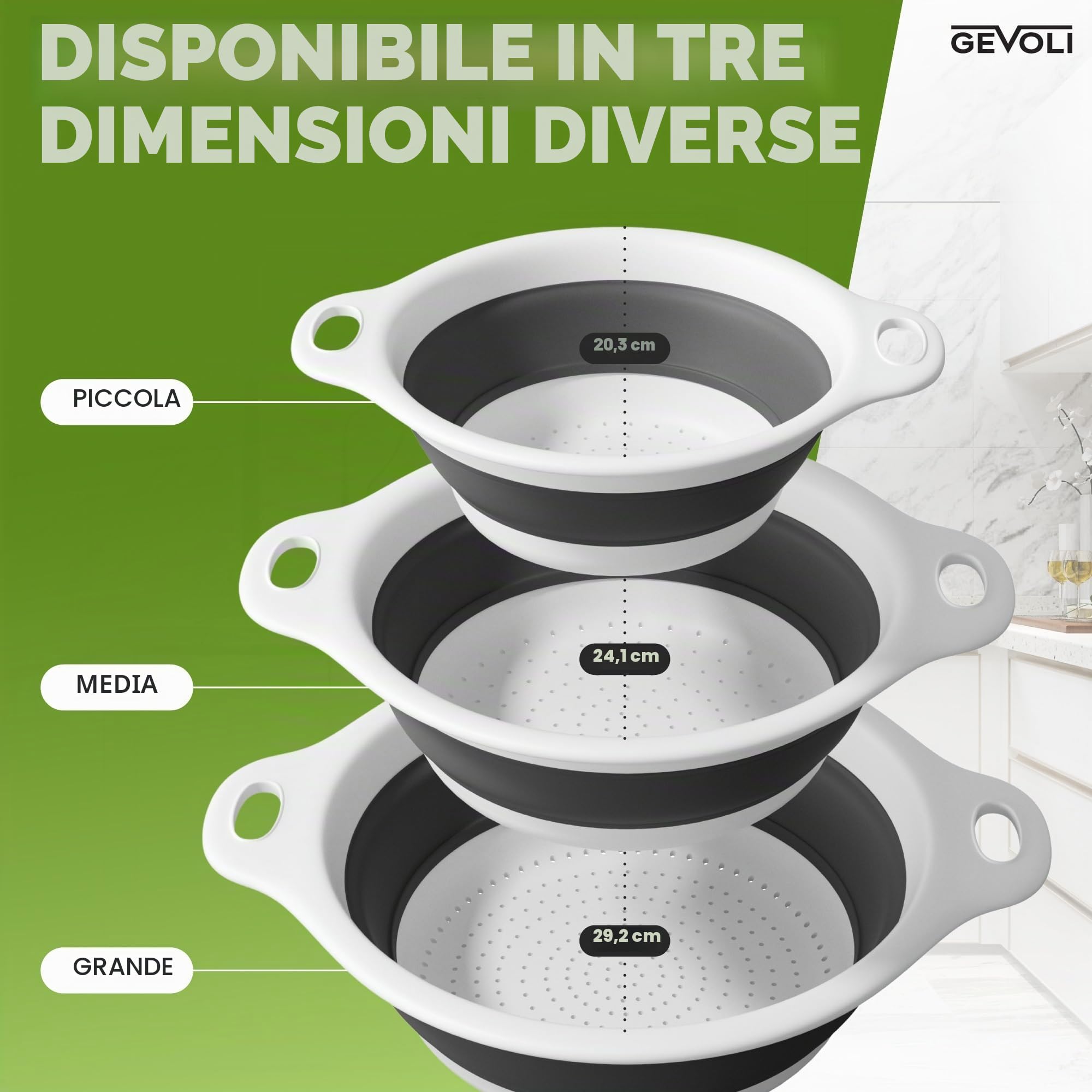 Gevoli Set di 3 scolapasta pieghevoli con base di scarico dell'acqua sopra il lavello per pasta, frutta e verdura (brevetto in attesa di registrazione), bianco (3 misure, 3QT, 4QT e 5 quarti)