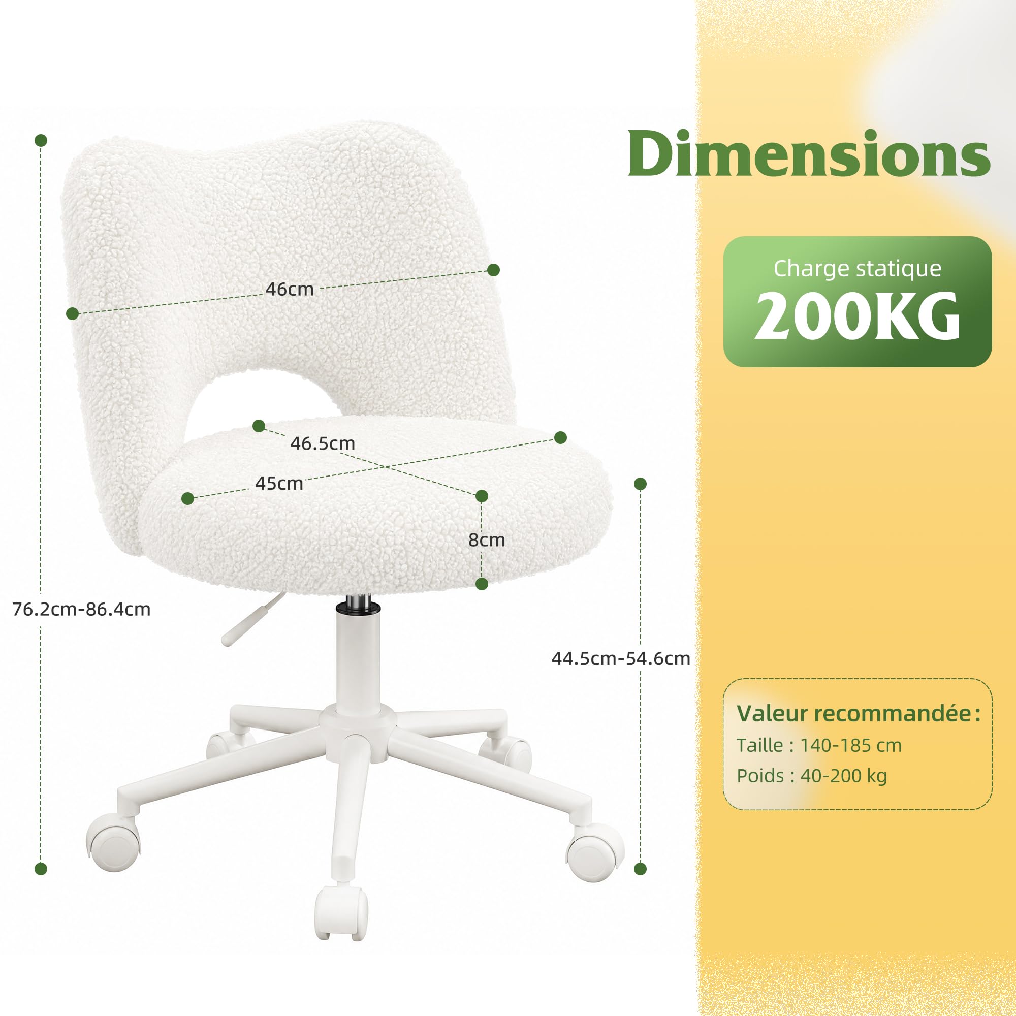 Chaise de Bureau en Roues, Chaise de Maquillage en Peluche Respirante, Chaise de Bureau Réglable en Hauteur, Chaise Pivotante pour Chambre, Salon, en Cadeau pour la Famille, 200kg, Blanc