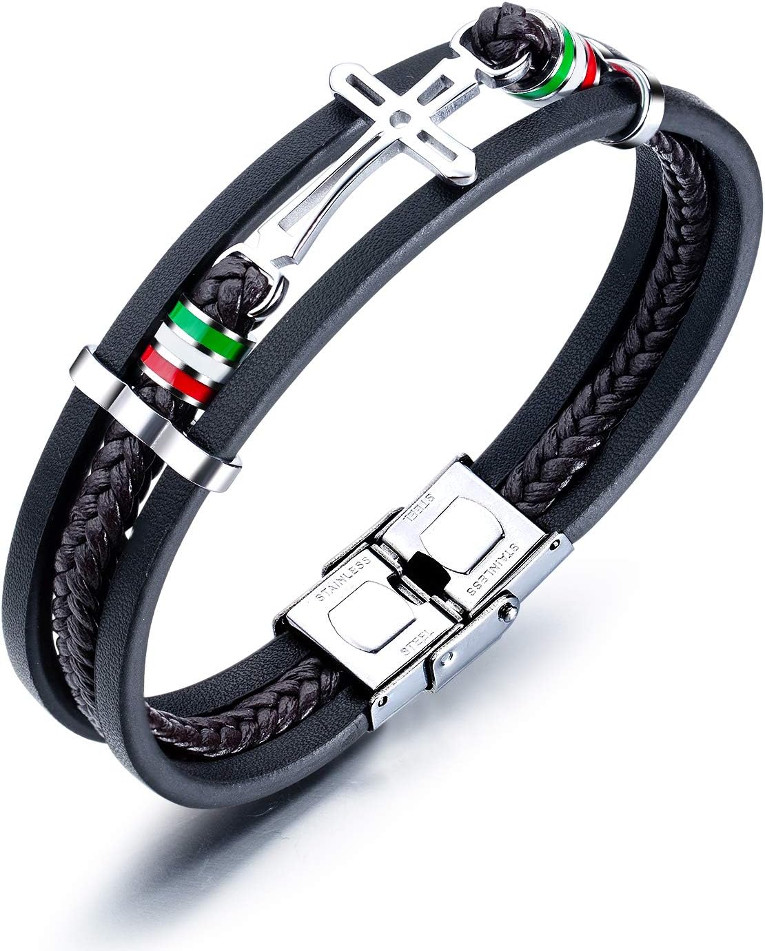 MishowVintage Multilayer Woven Leather Bracelet for Men Women Christian Cross Bracelet