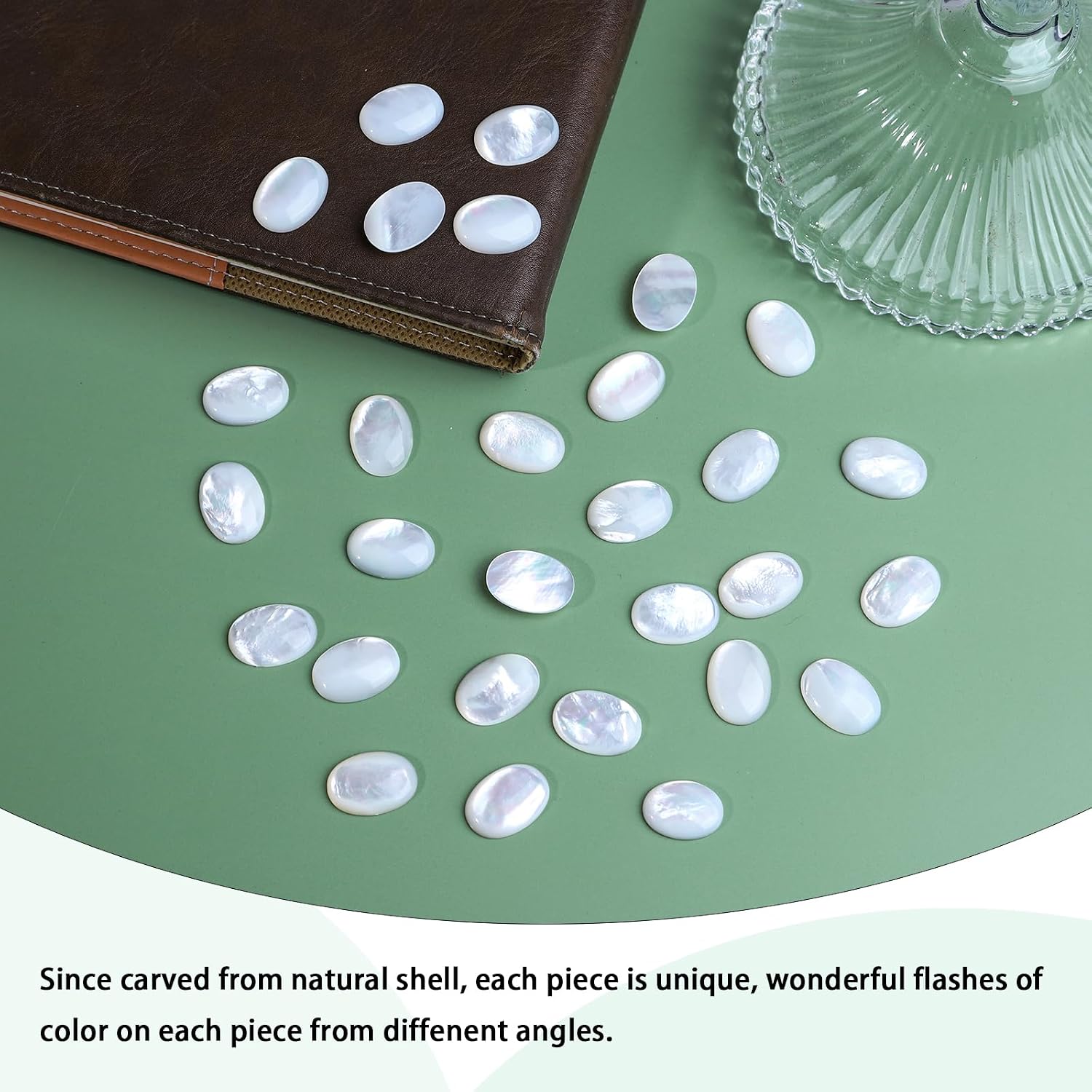 SUNYIK 10PCS 13x18mm Natural Oval White Shell Cabochons with Resin Flat Back CAB for Jewelry Making DIY Art Project