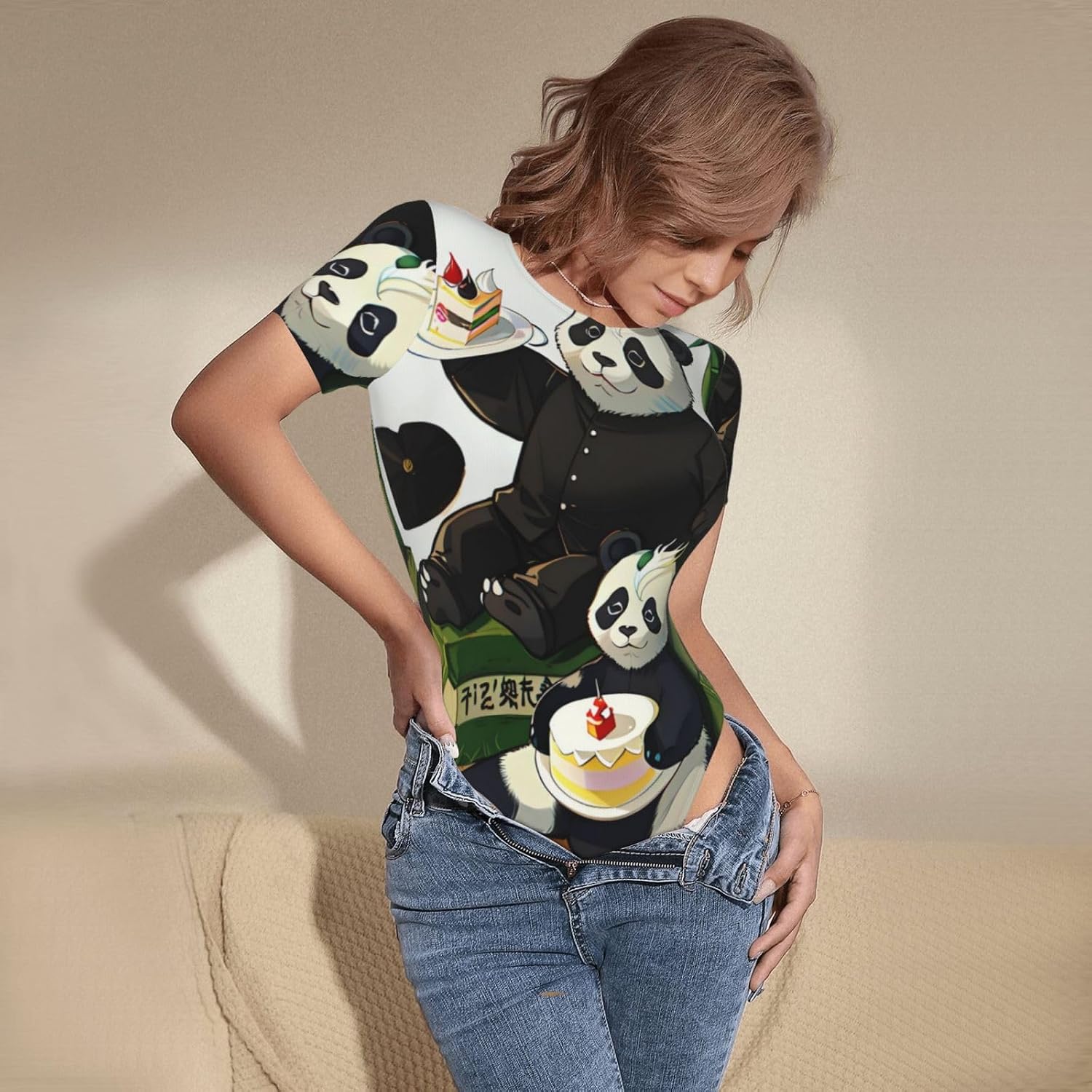 pandas of Father and son XX-Large Pattern women's round-neck tights T-shirts - home leisure sportswear, sizes S-XXL,