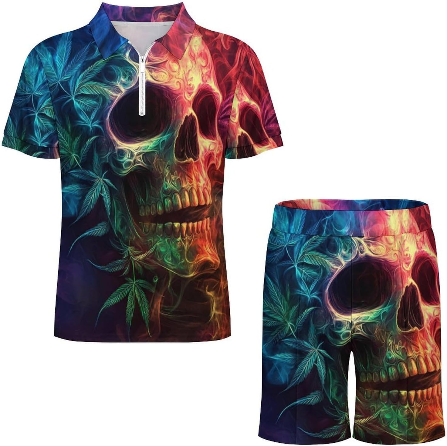 Skull Weed Leaf Smoke Mens Polo Shirts Track Suits 2 Piece Short Sleeve Sweatsuit 1/4 Zip Golf Loungewear for Sports