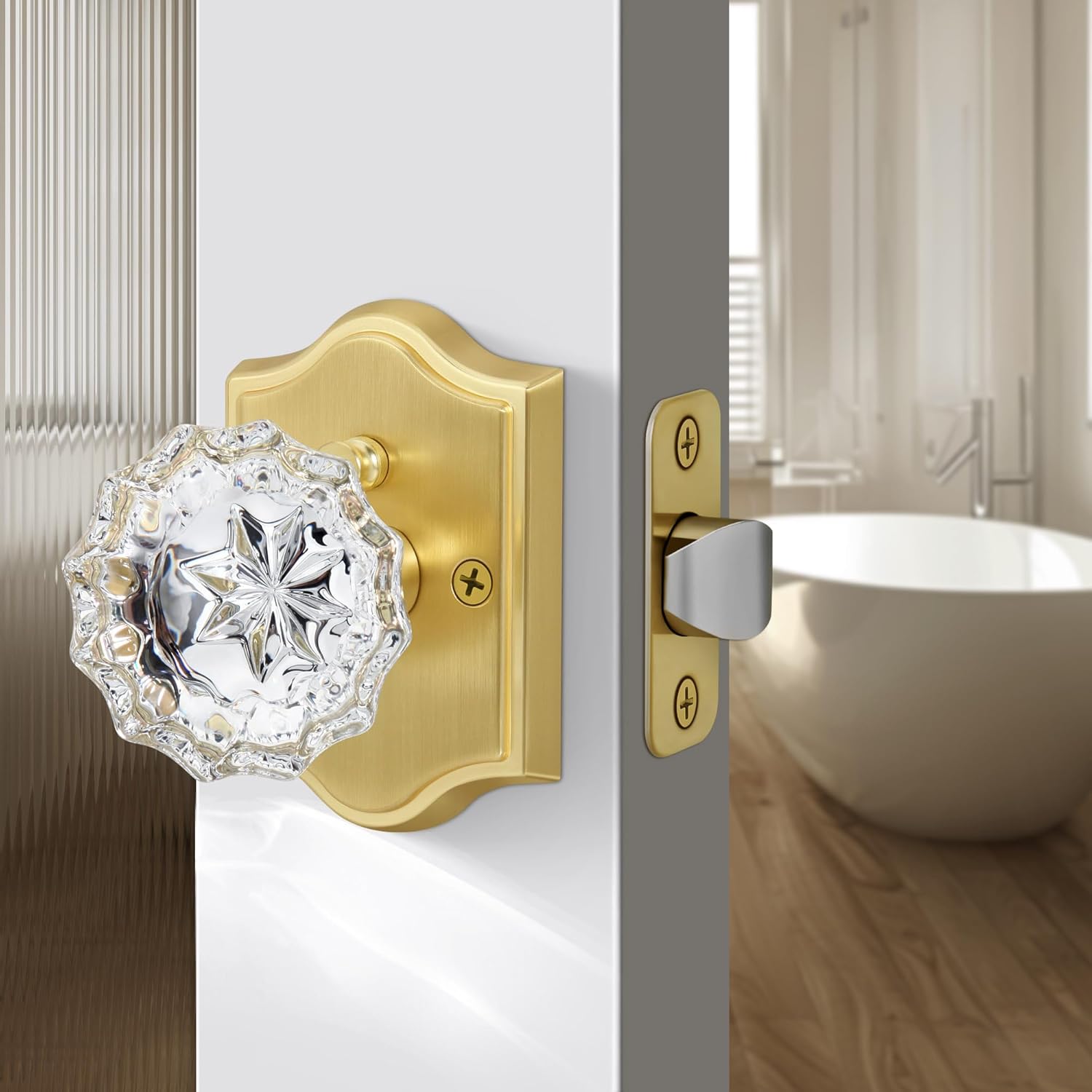 Brushed Gold Privacy Crystal Door Knob, Gold Glass Doorknob Interior with Push Button Lock, Vintage Crystal Door Knob for Bathroom Bedroom, Satin Brass