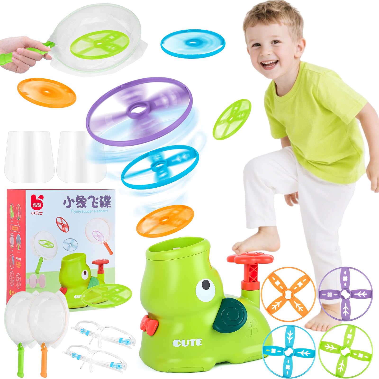 Frisbee Niños, Lanzador de Disco Volador Juegos Exterior Niños con 32 Discos, Juguetes para Niños Niña 3 4 5 6 7 8 Años, Juguetes Exterior para Jardin y Interiores