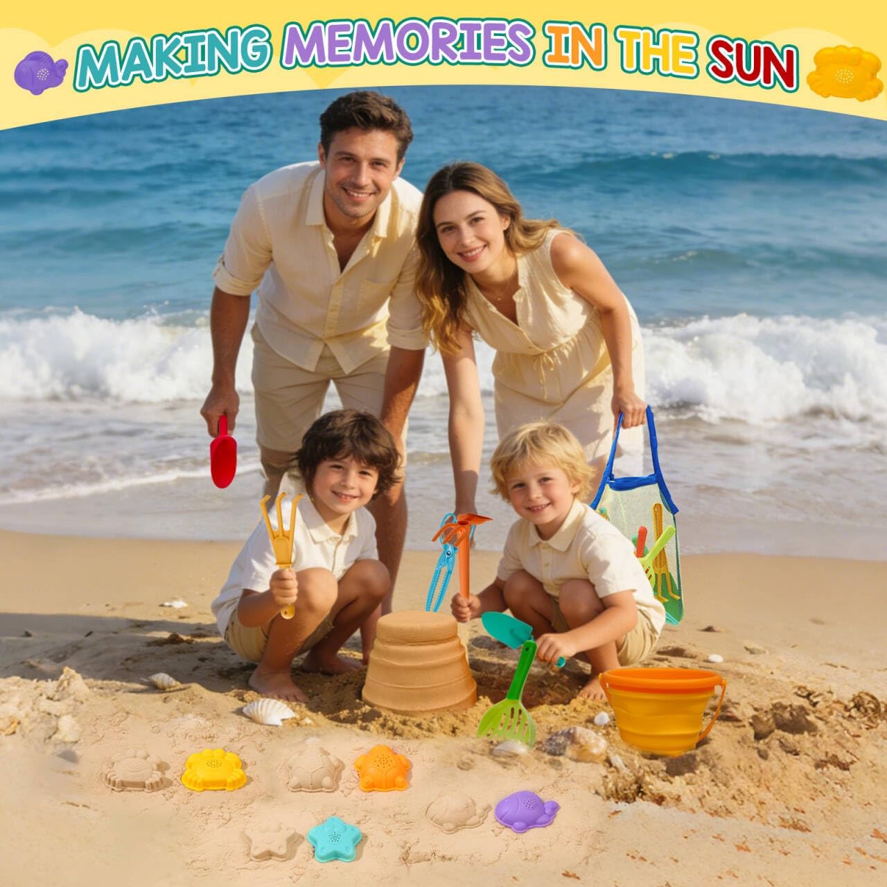 Beach Toy Set for Kids Sand Toys Summer Outdoor Play with Mesh Bag-Includes Collapsible Bucket, Mesh Shovel, Sand Shovel,Scissors Pliers,Rake Mold Kit
