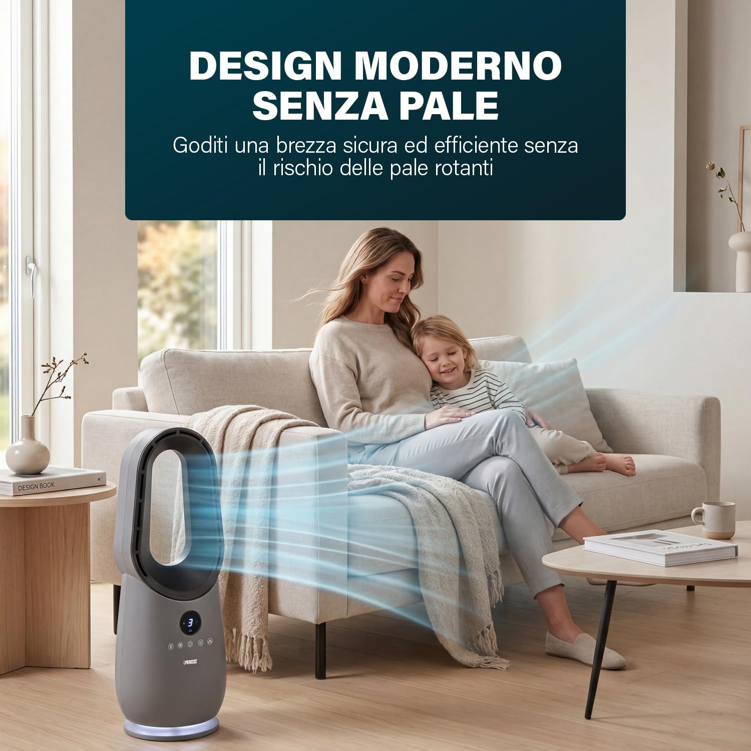 Princess Ventilatore senza pale – 60 W – Luce d’ambiente – Basso consumo – Oscillazione a 75° – 3 velocità – 351582