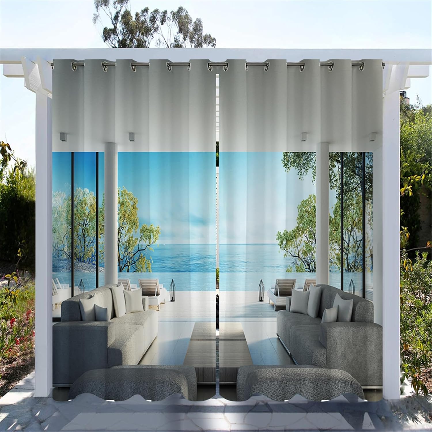 Outdoor Curtains for Patio Waterproof Privacy Curtains Blackout Thermal Insulated Grommet Top Curtains with Tropical Palm Tree Beach Landscape for Porch Pavilion Gazebo, 2 Panels, W104 x L84